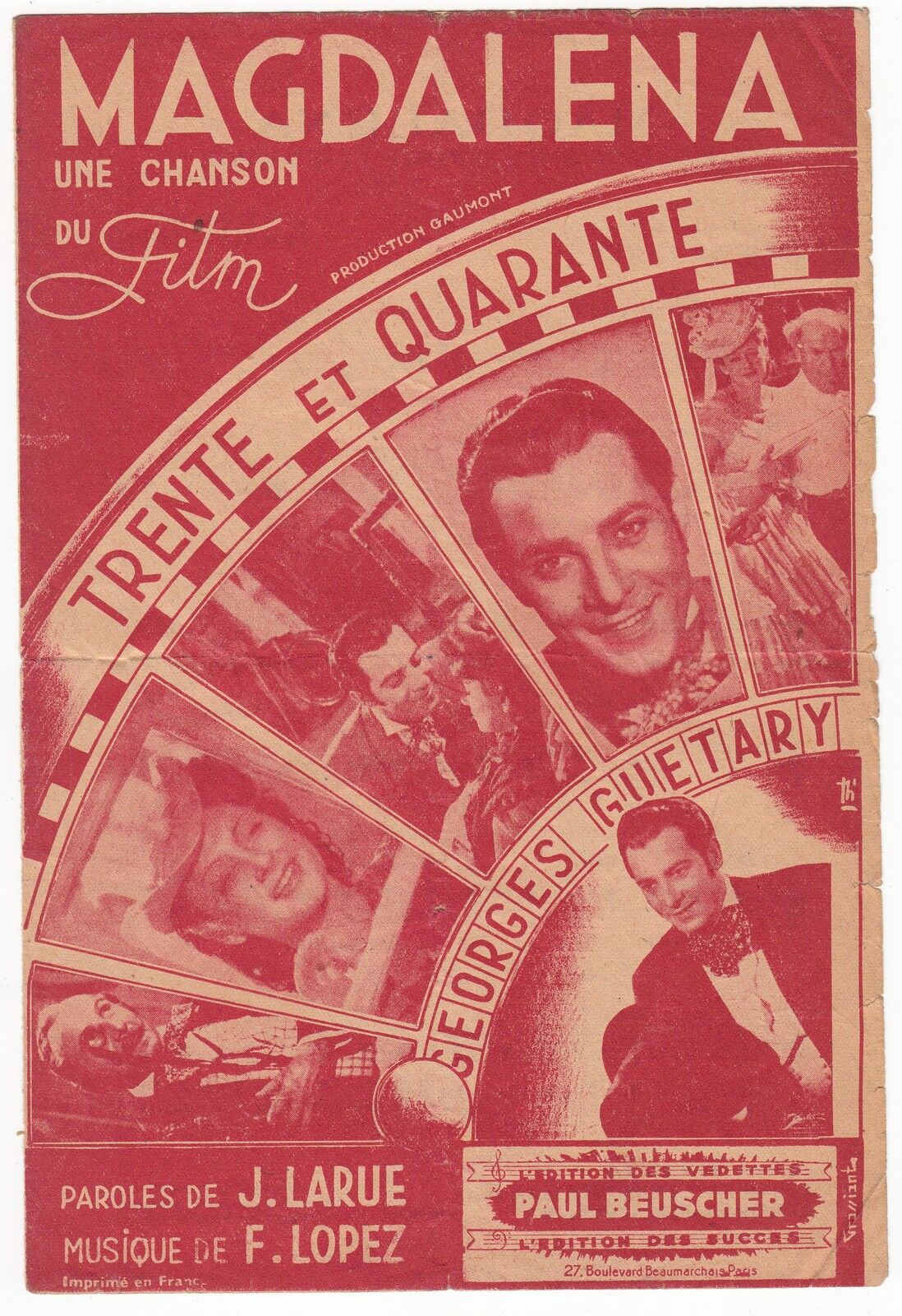 PARTITION ANCIENNE MAGDALENA  DU FILM TRENTE ET QUARANTE