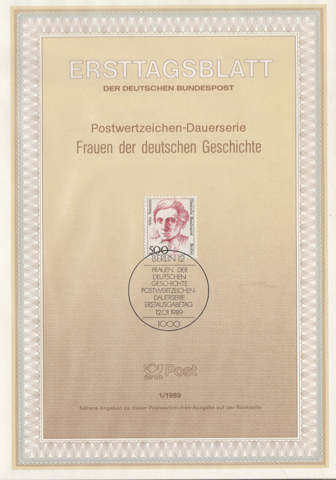 TIMBRE FDC ALLEMAGNE BERLIN OBL ERSTTAGSBLATT ALICE SALOMON EDUCATRICE 1989 401233083911