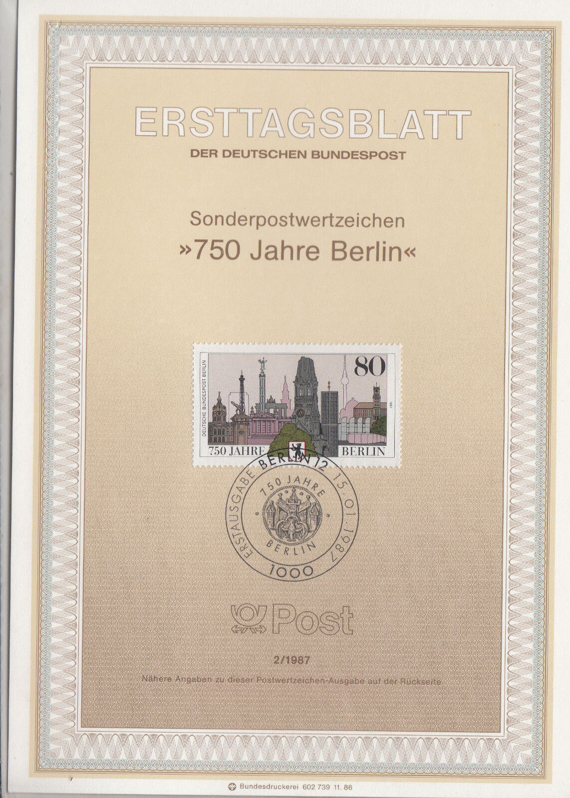 TIMBRE FDC ALLEMAGNE BERLIN OBL ERSTTAGSBLATT ARMES ET VUE DE LA VILLE 1987 401233296911