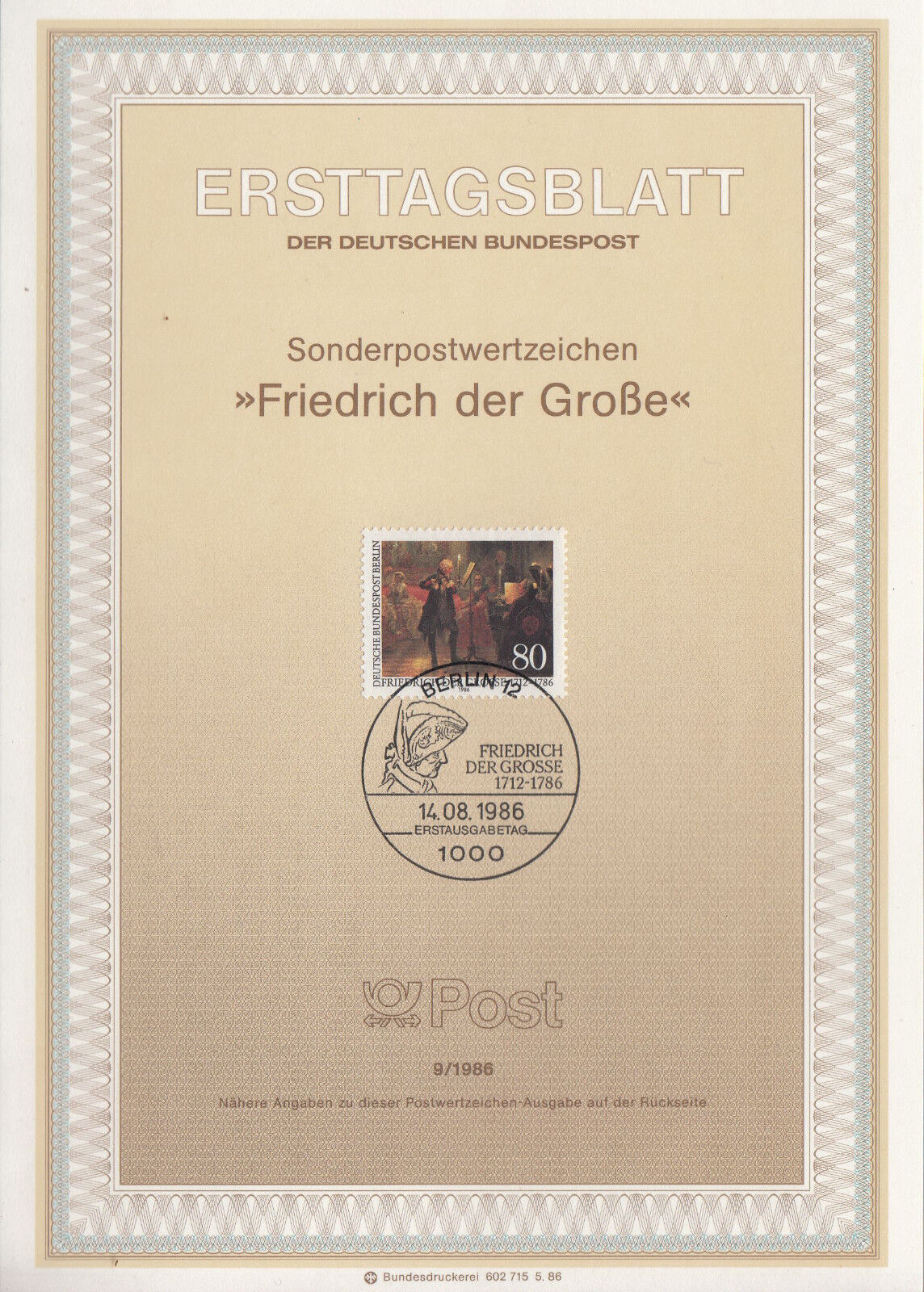 TIMBRE FDC ALLEMAGNE BERLIN OBL ERSTTAGSBLATT FREDERICH DER GROBE MUSIQUE 1986 122246797911