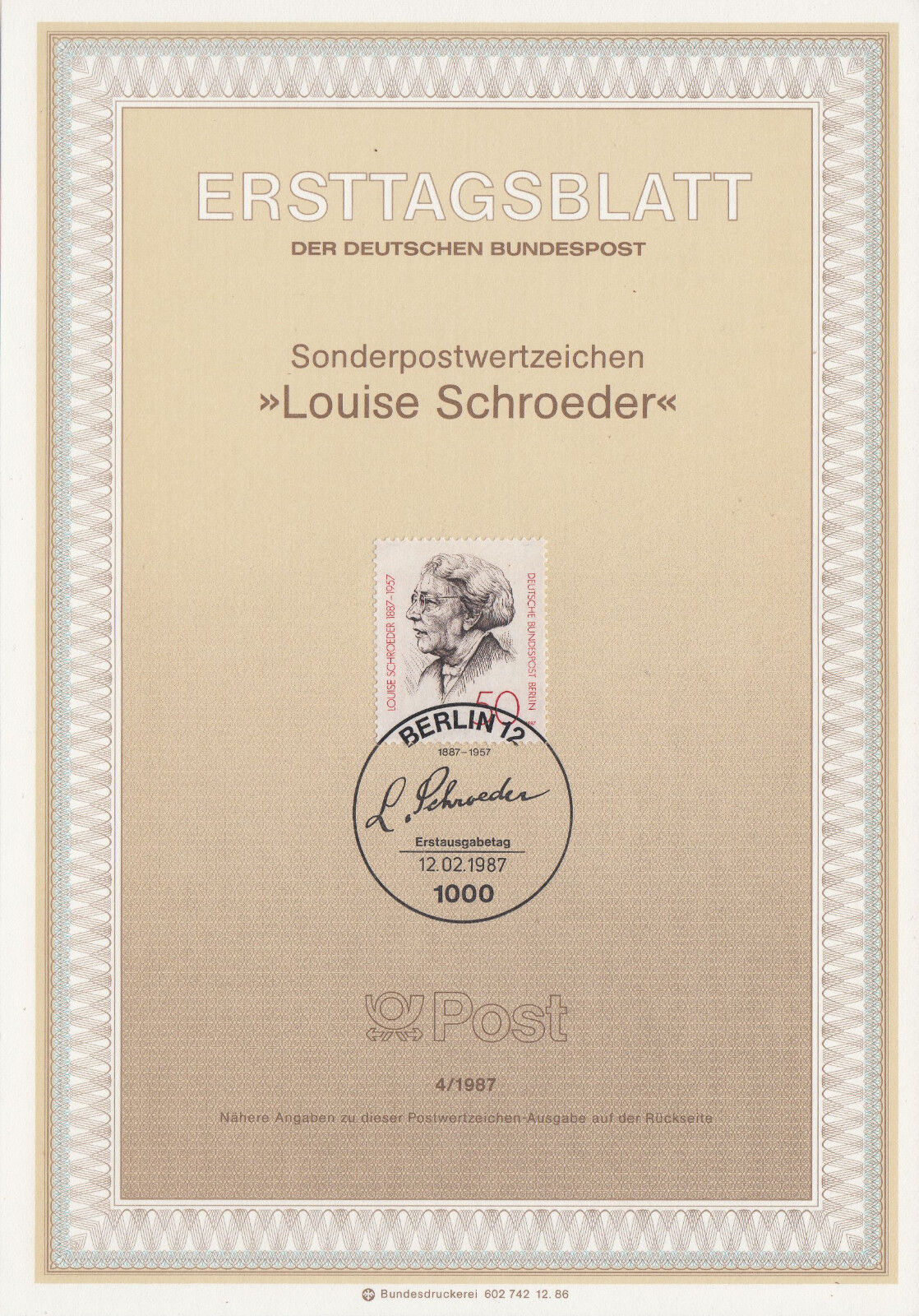 TIMBRE FDC ALLEMAGNE BERLIN OBL ERSTTAGSBLATT LOUISE SCHROEDER 1987 401233299321