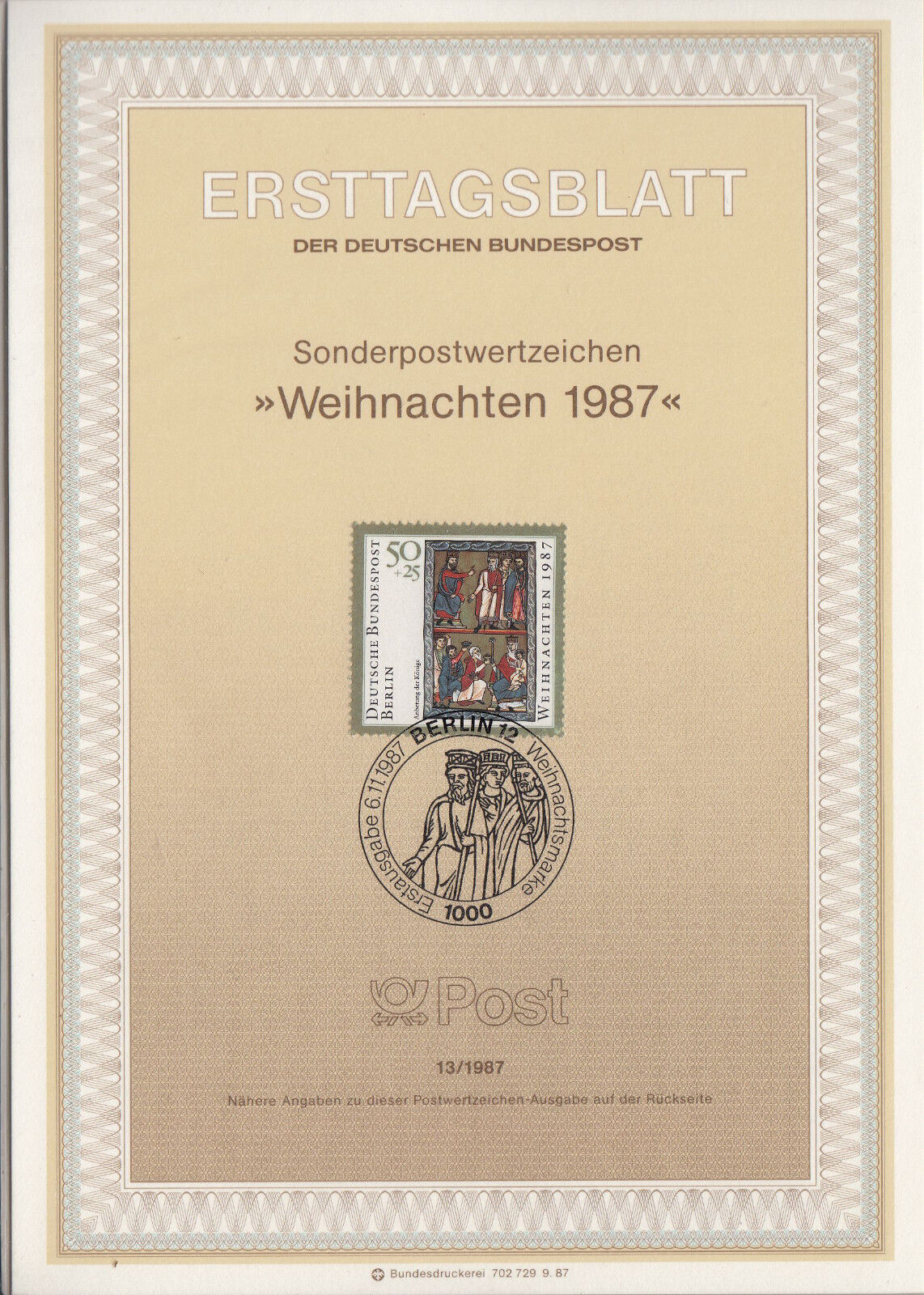 TIMBRE FDC ALLEMAGNE BERLIN OBL ERSTTAGSBLATT NOEL PAUSTIER BRITANIQUE 1987 122246561381