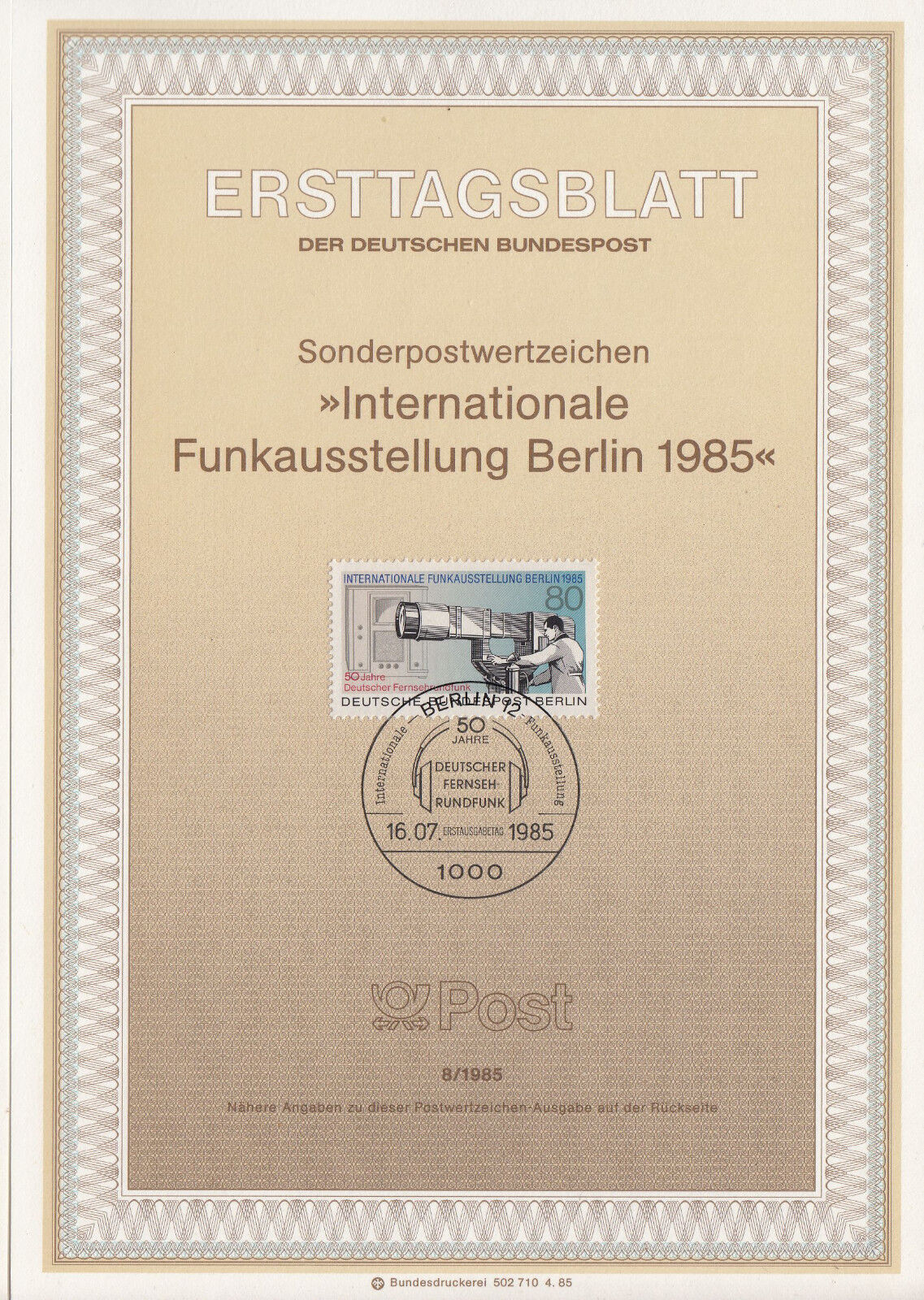 TIMBRE FDC ALLEMAGNE BERLIN OBL ERSTTAGSBLATT RADIO ET TELEVISION 1985 401234572411