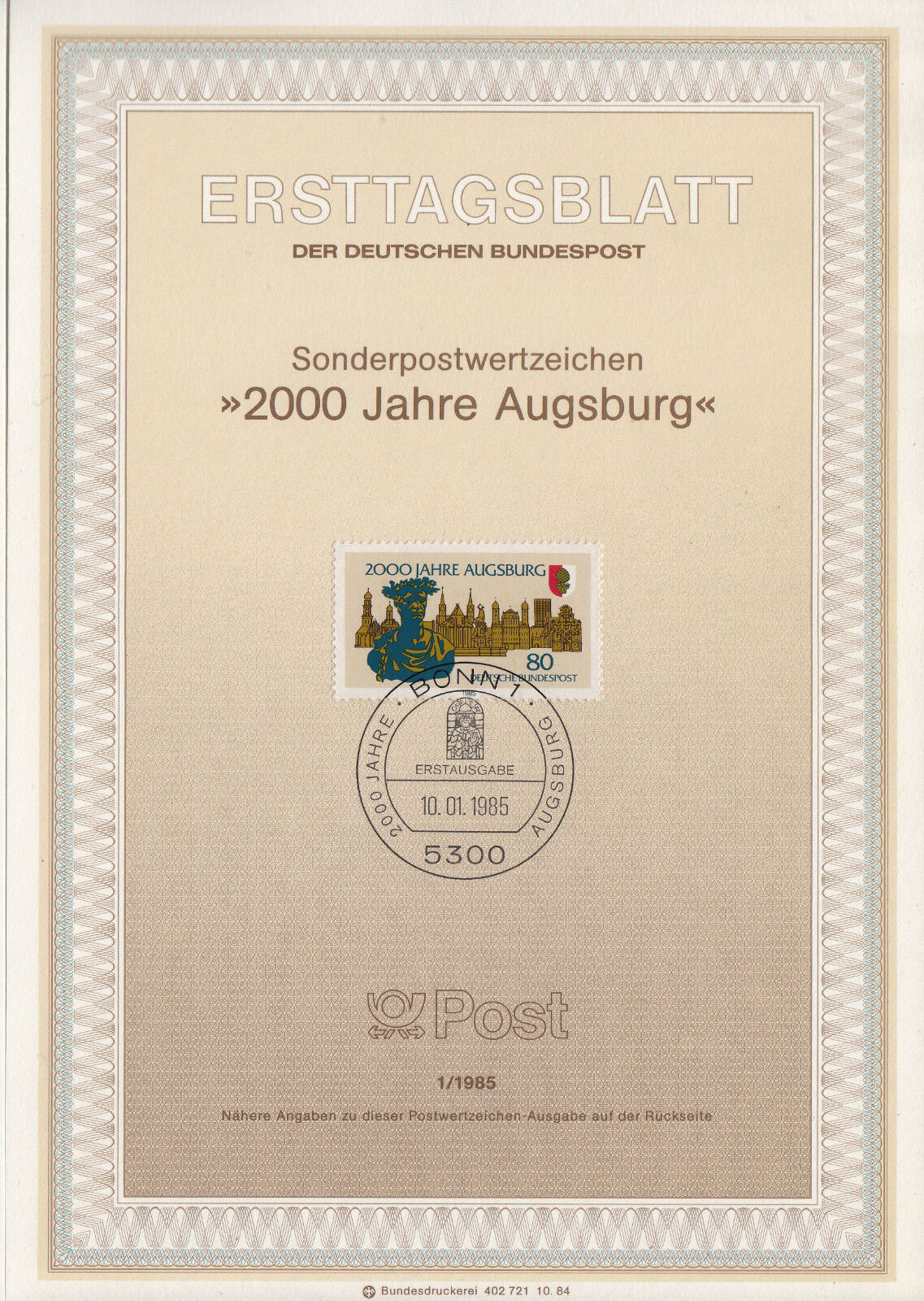 TIMBRE FDC ALLEMAGNE BONN OBL ERSTTAGSBLATT BUSTE D AUGUSTE AUGSBOURG 1985 122247061351