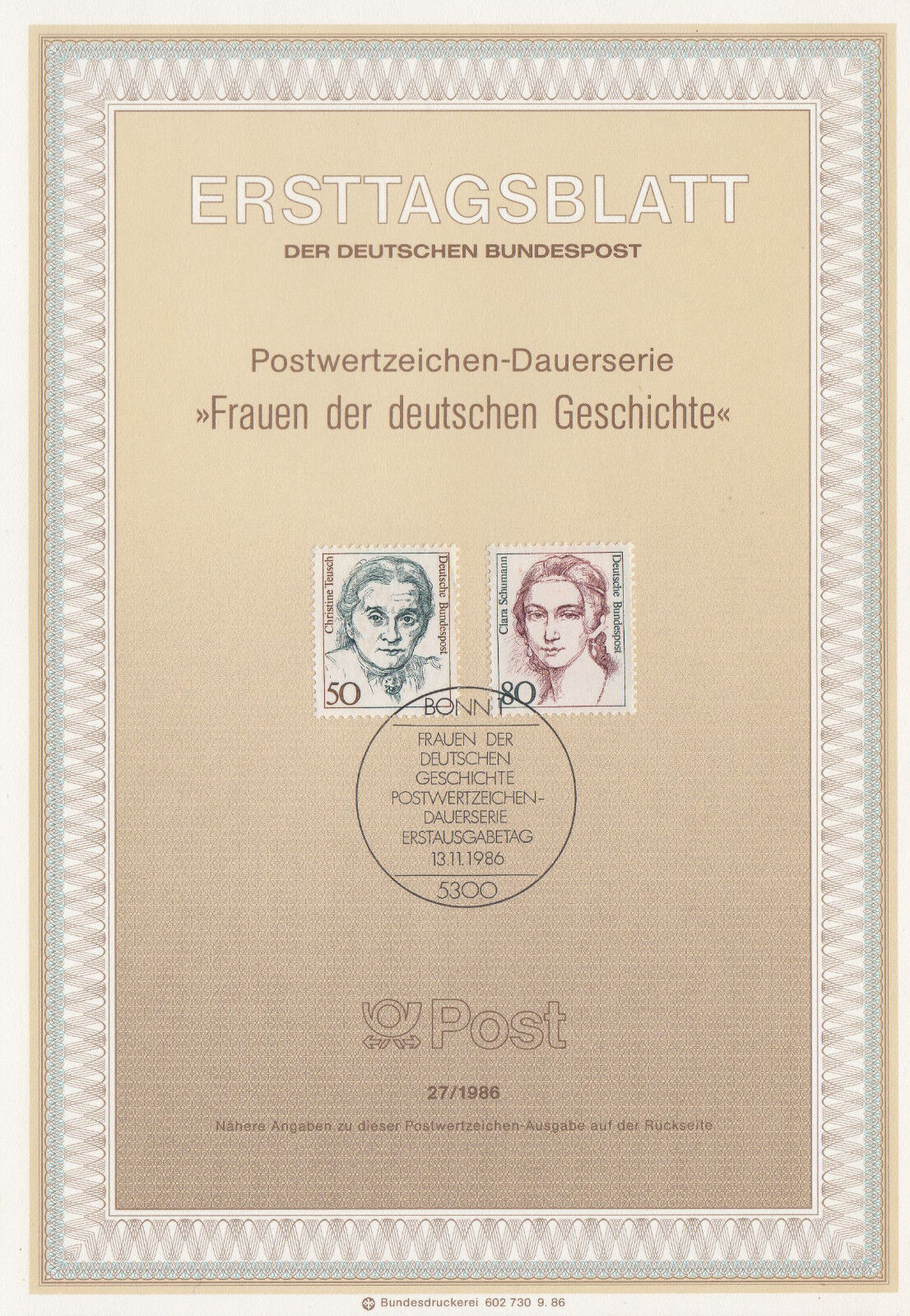 TIMBRE FDC ALLEMAGNE BONN OBL ERSTTAGSBLATT CHRISTINE TEUSCH CLARA SCHUMANN 1986 122246596081