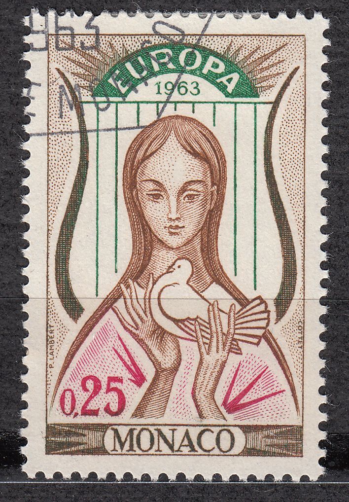 TIMBRE MONACO OBL N 618 EUROPA LYRE ET FEMME AVEC COLOMBE 123097974541