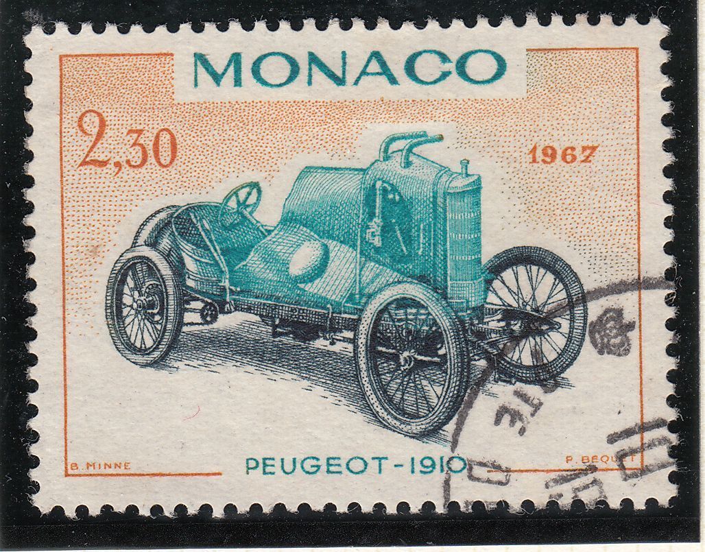 TIMBRE MONACO OBL N 721 VOITURE DE VAINQUEURS GRAND PEUGEOT 1910 123213589661