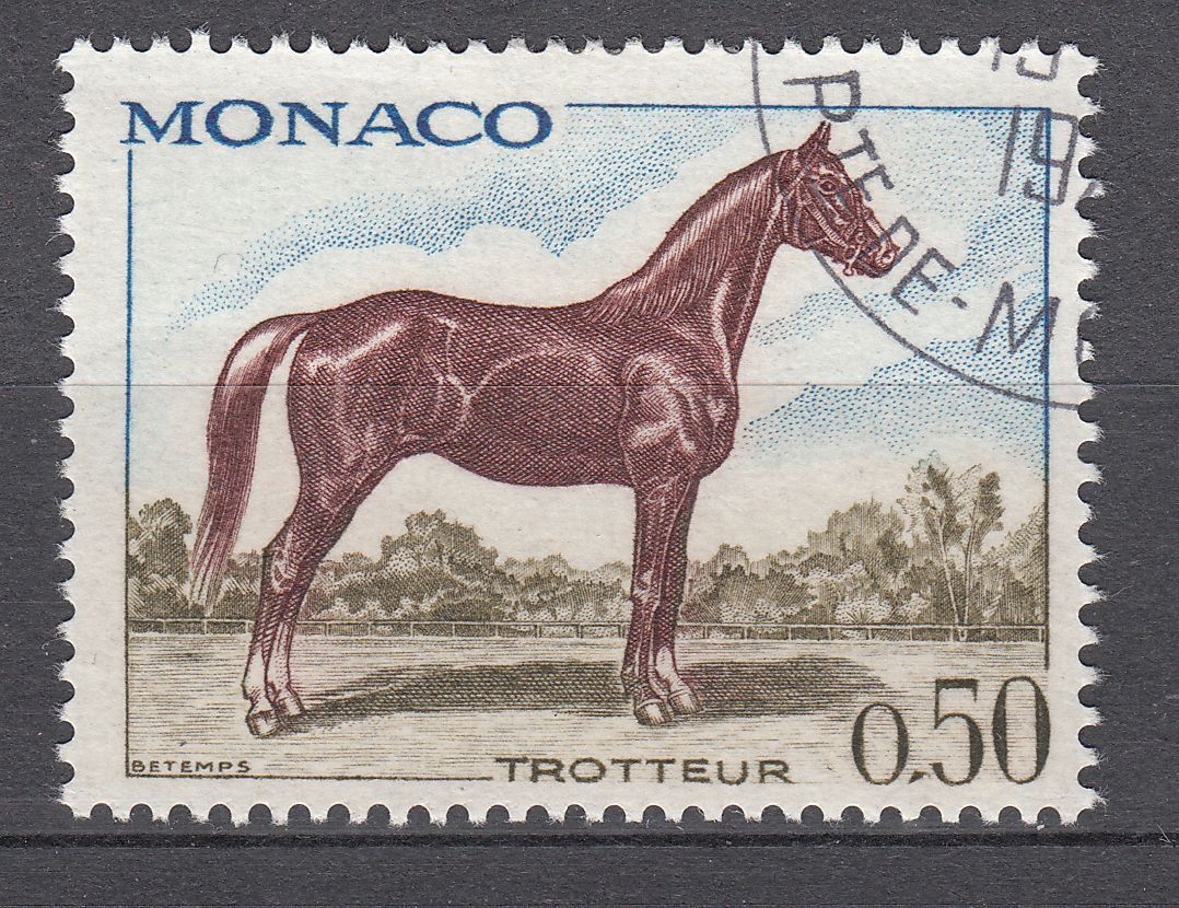 TIMBRE MONACO OBL N 835 CHEVEAUX DE SANG CHEVAL TROTTEUR 401586017081