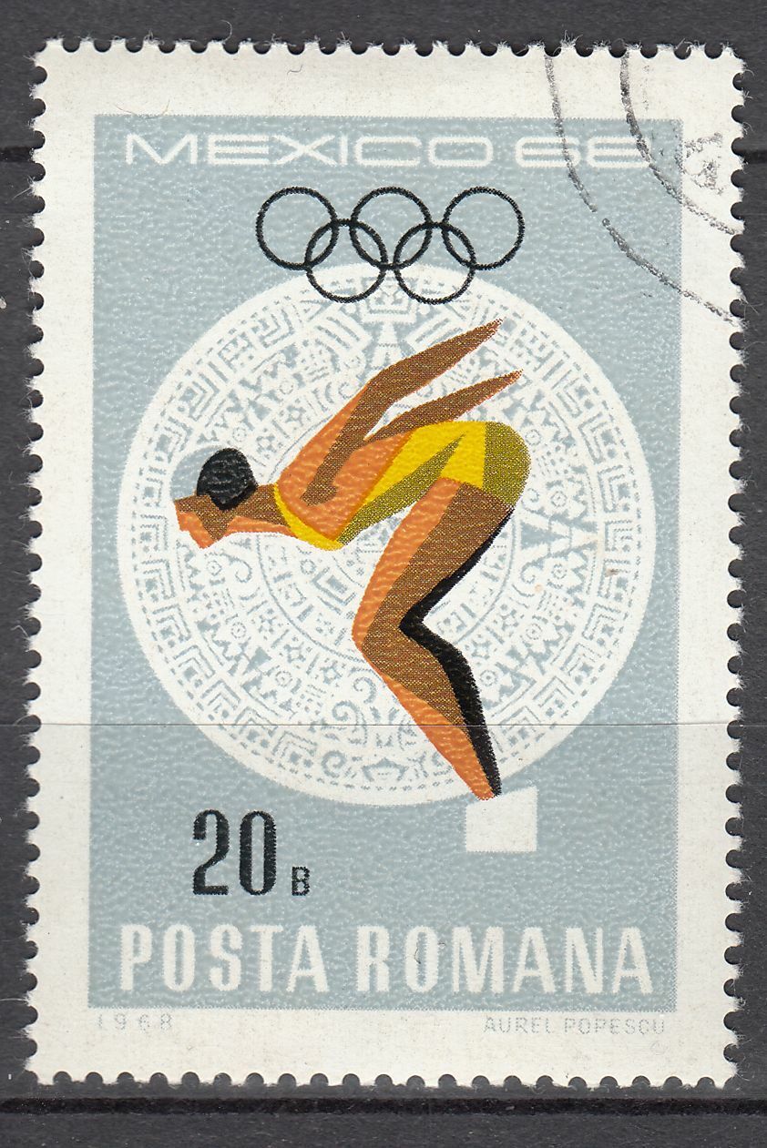 TIMBRE ROUMANIE OBL N 2401 JO DE MEXICO PLONGEON 402001441131