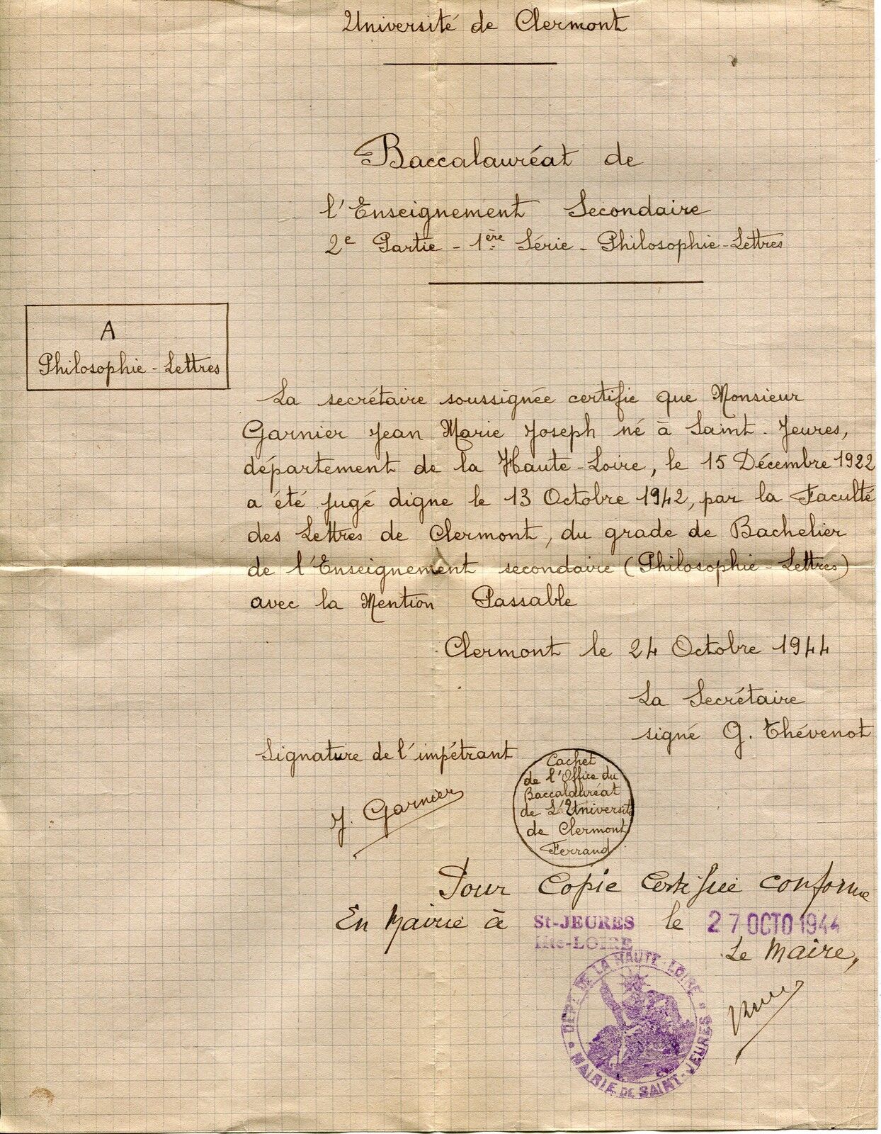 ATTESTATION UNIVERSITE DE CLERMONT BACCALAUREAT PHILOSOPHIE 1944 ST JEURES 121423333122