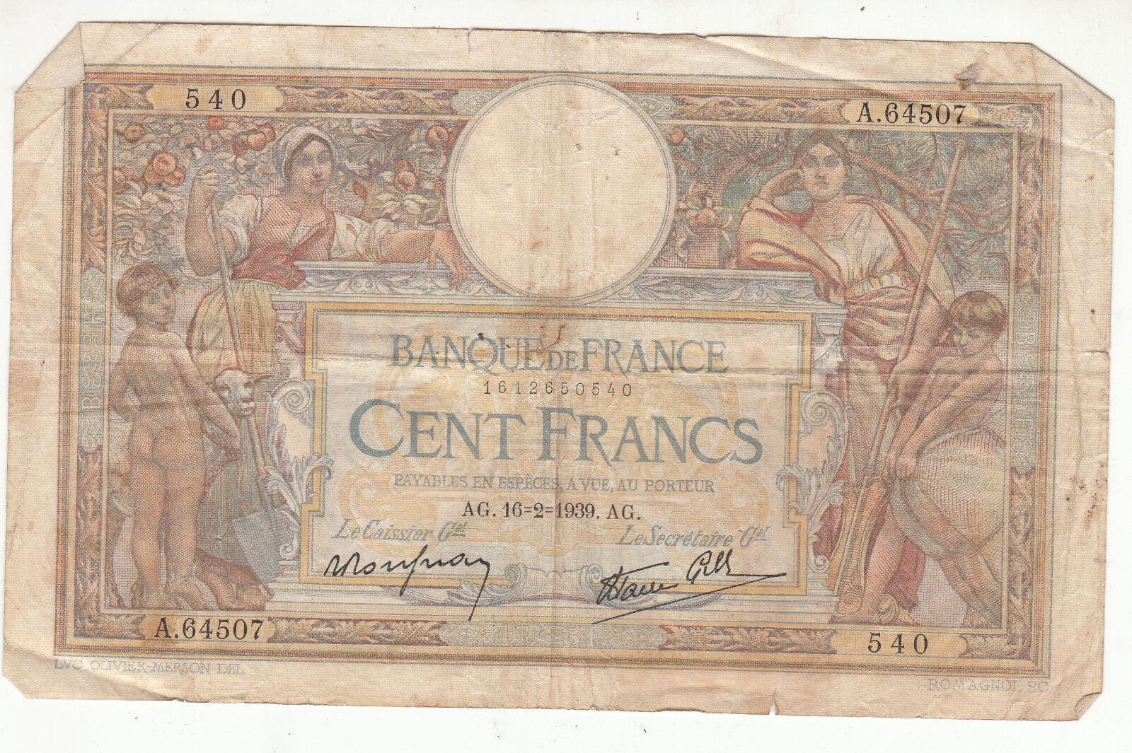 BILLET FRANCE 100 FRANCS MERSON 16 2 1939 AG 122403670322