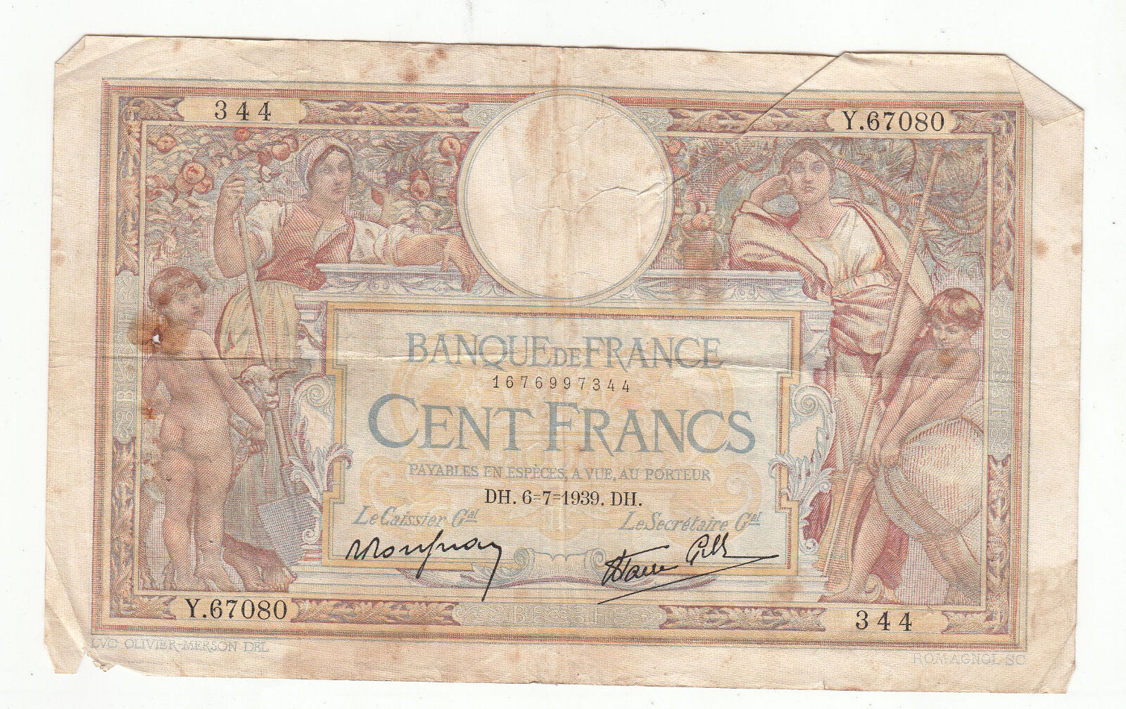 BILLET FRANCE 100 FRANCS MERSON 6 / 7 / 1939 DH