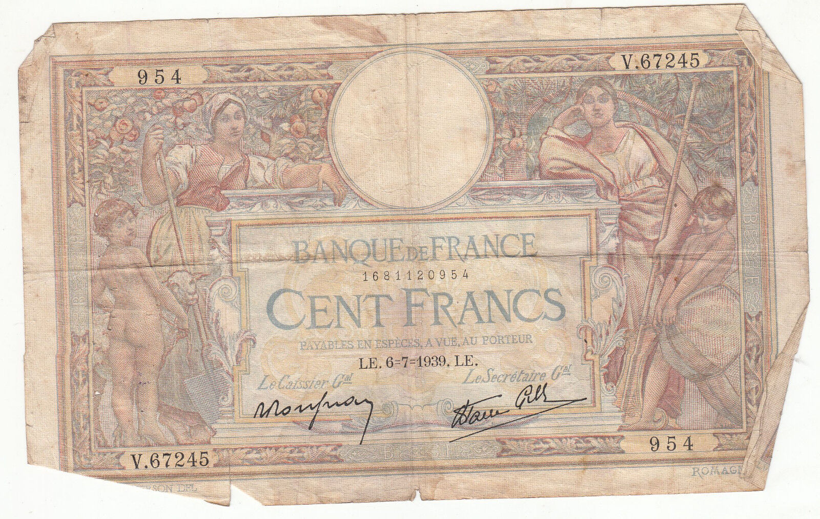 BILLET FRANCE 100 FRANCS MERSON 6 7 1939 LE 401287396832