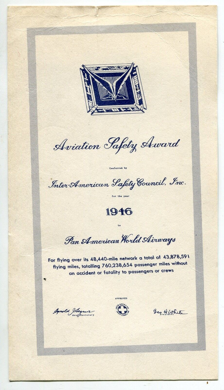 CARTE AVIATION SAFETY AWARD INTER AMERICA 1946 SAFETY COUNCIL 400731685732