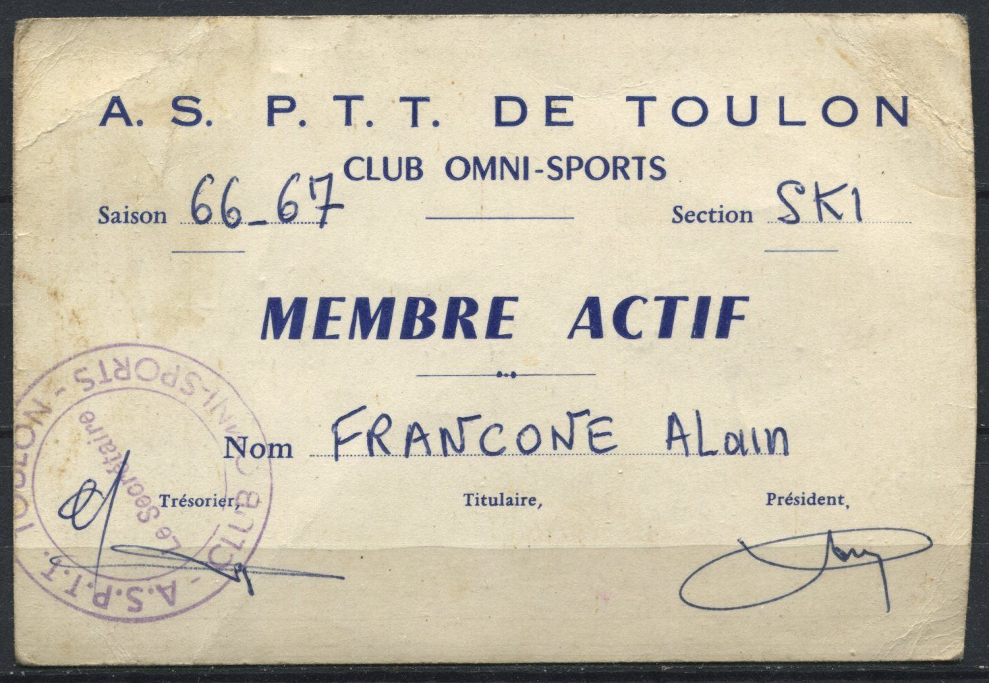 CARTE CLUB OMNI SPORTIF TOULONNAIS ANNEE 1966 67 SKI A ETUDIER 110855127132