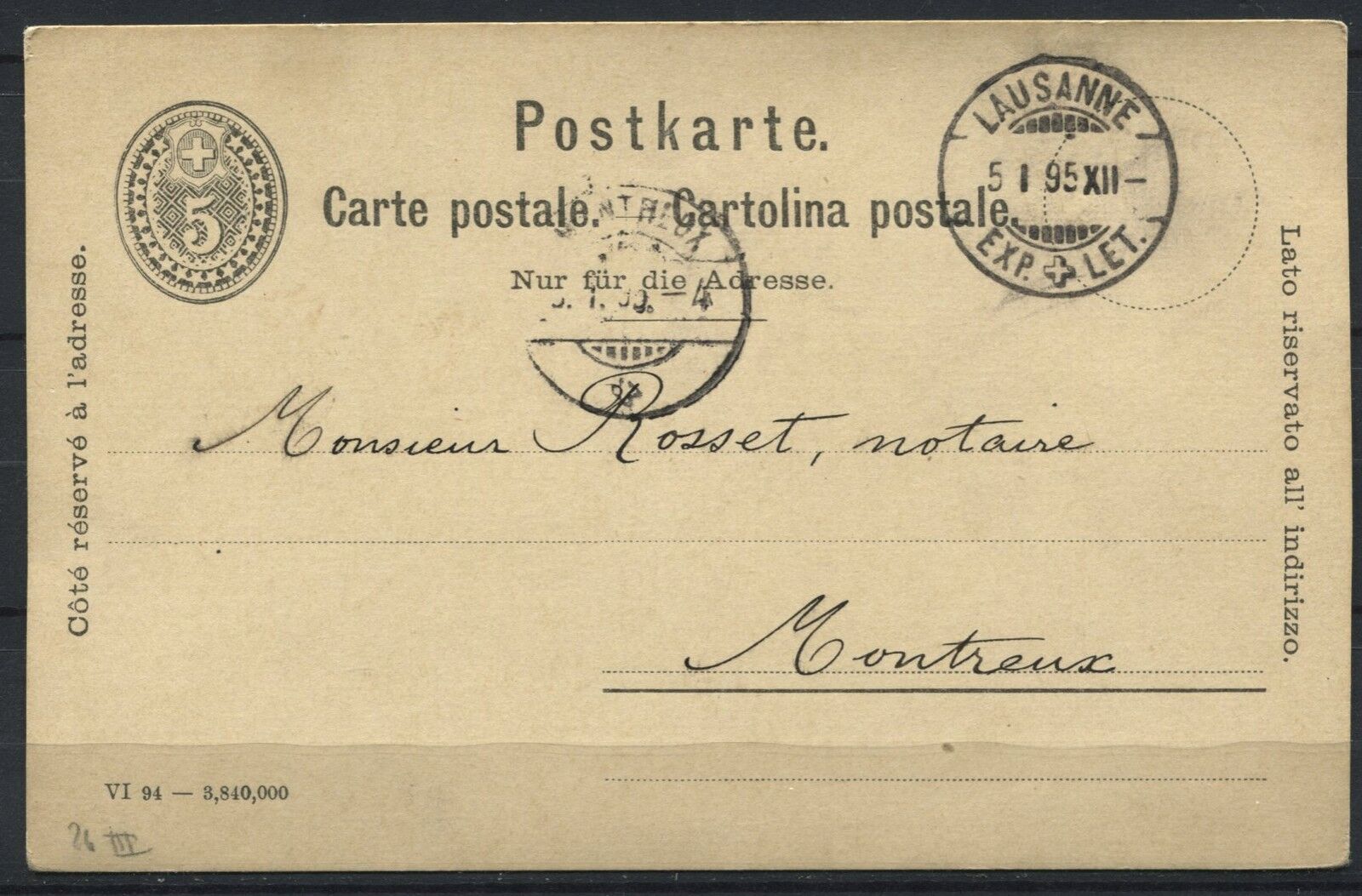 CARTE ENTIER POSTALE LAUSANNE SUISSE POUR MONTREUX 1895 A ETUDIER 110852717552