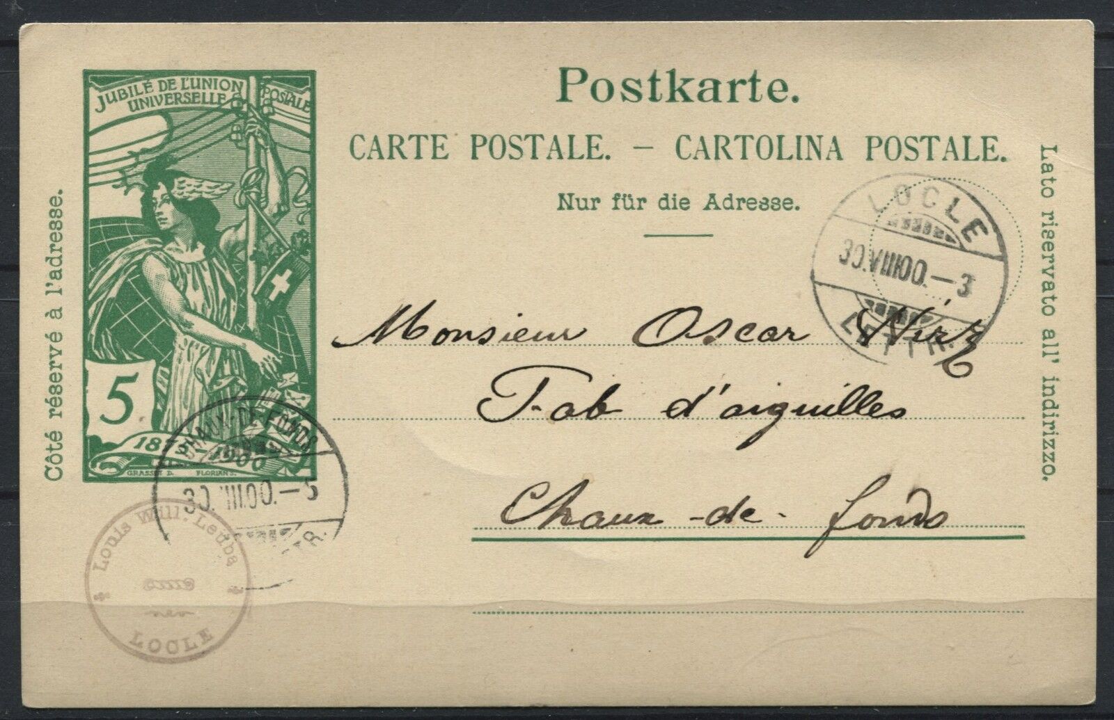 CARTE ENTIER POSTALE LOCLE POUR CHAUX DE FONDS 1900 A ETUDIER 110852717542