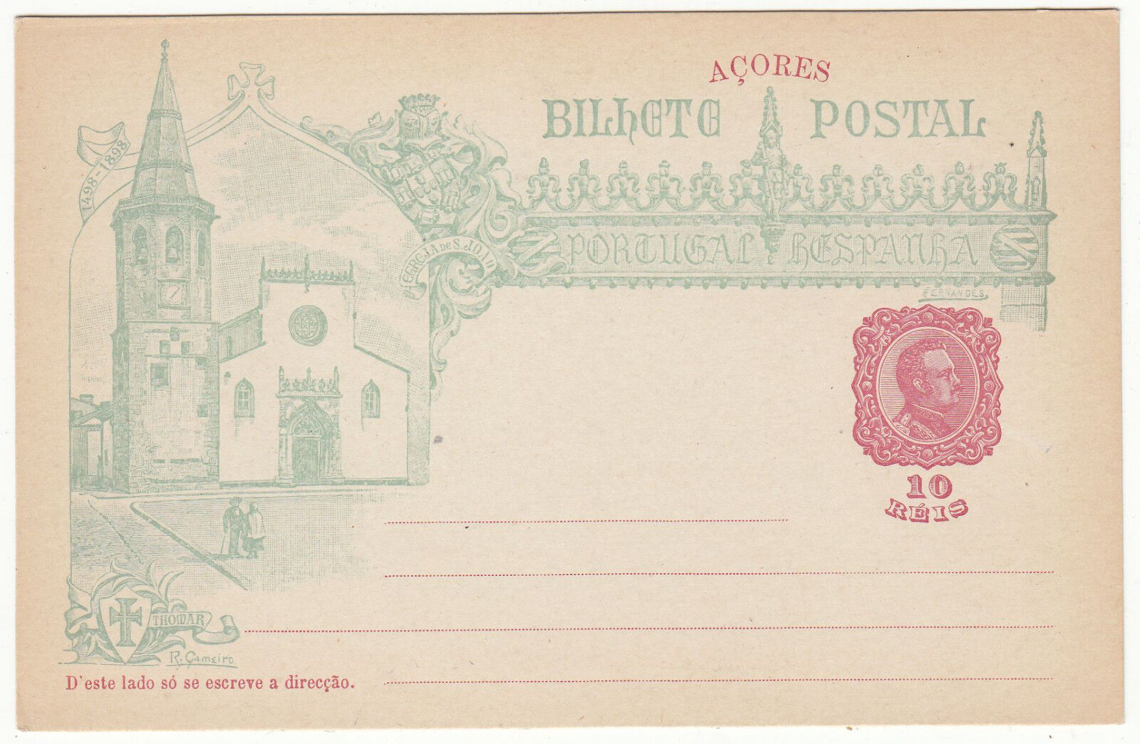 CARTE ENTIER POSTALE NEUF PORTUGAL COLONIE ACORES THOMAR EGLISE 1498 1898 122846125952