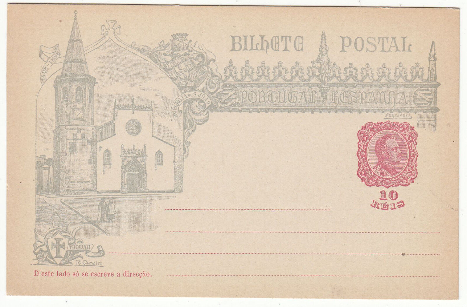 CARTE ENTIER POSTALE NEUF PORTUGAL COLONIE THOMAR EGLISE 1498 1898 401454671202