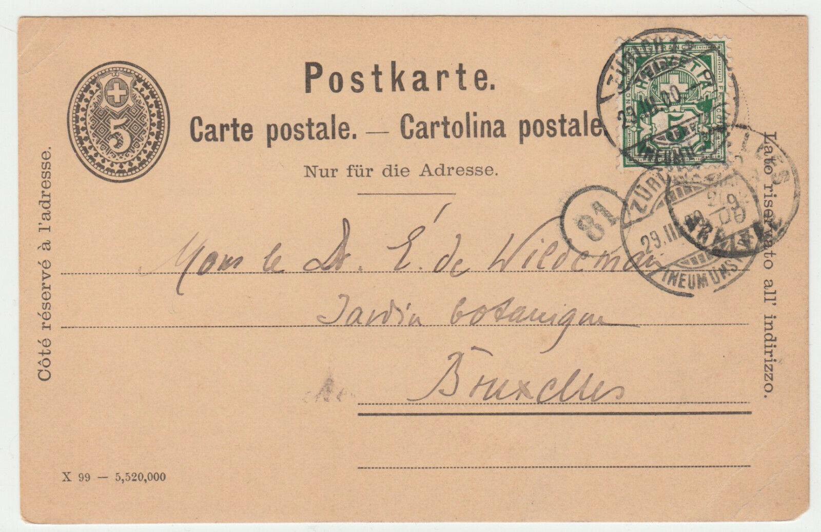 CARTE ENTIER POSTALE SUISSE 1900 ZURICH POUR BRUXELLES 124710084842