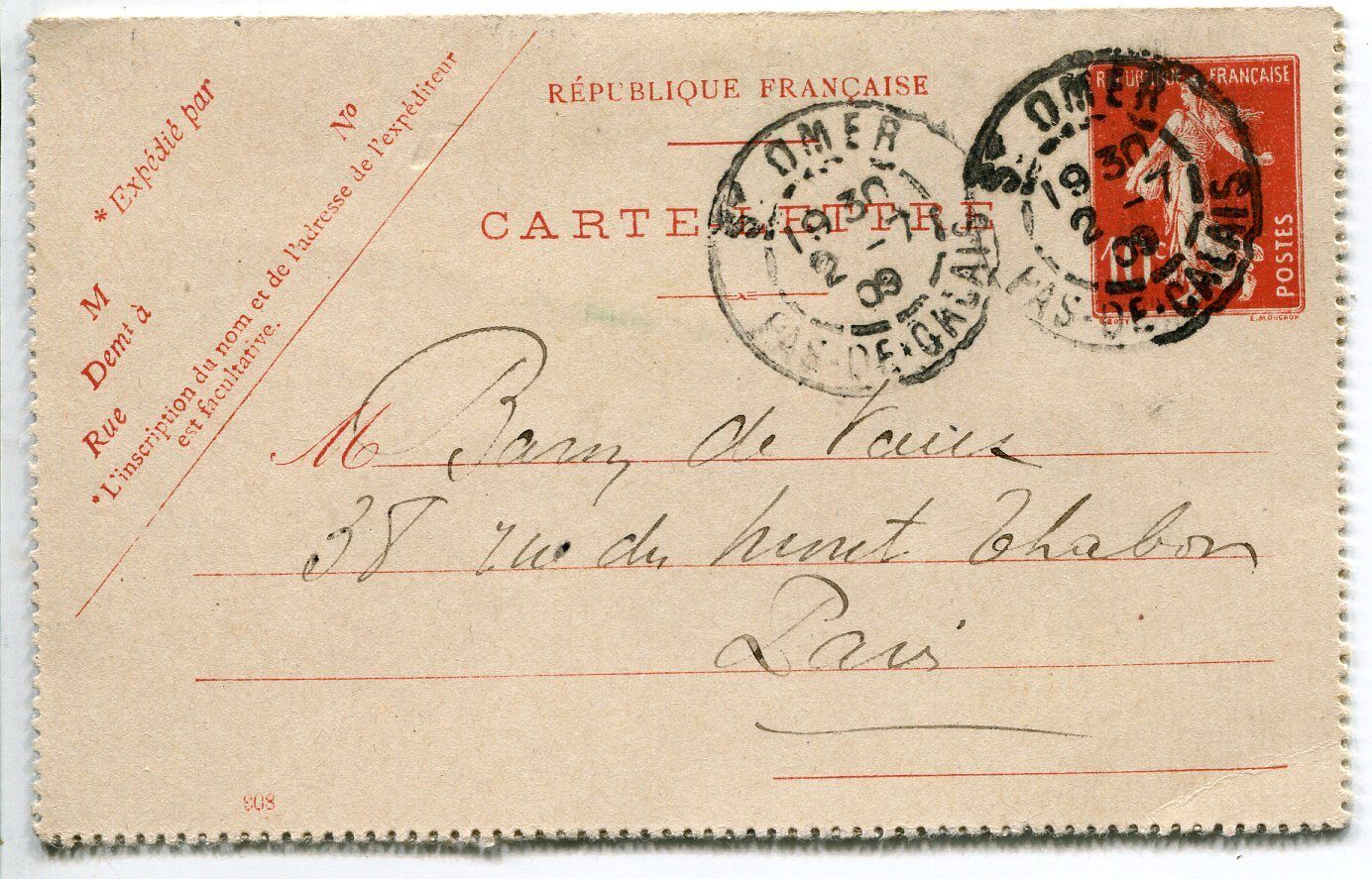 CARTE LETTRE ENTIER POSTAL 135 ST OMER PAU 1909 400782754592