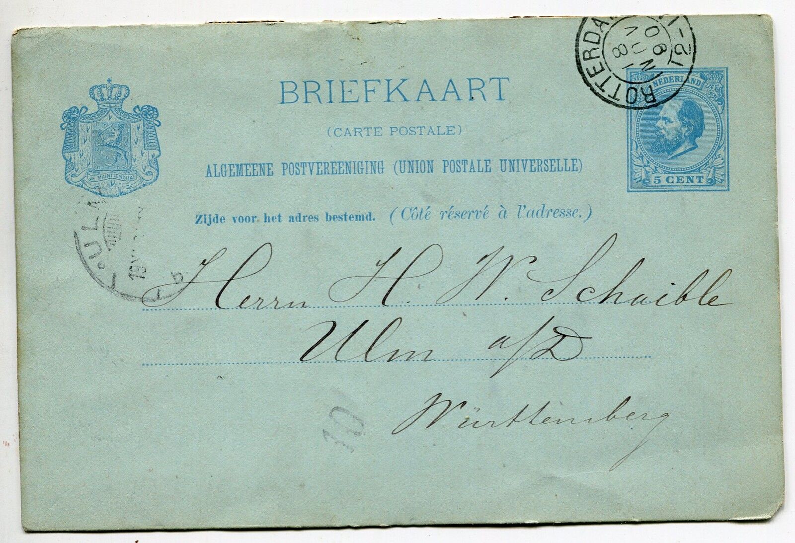 CARTE LETTRE ENTIER POSTALE 1890 PAYS BAS HOLLANDE ROTTERDAM POUR MURTTENBERG 400720627802