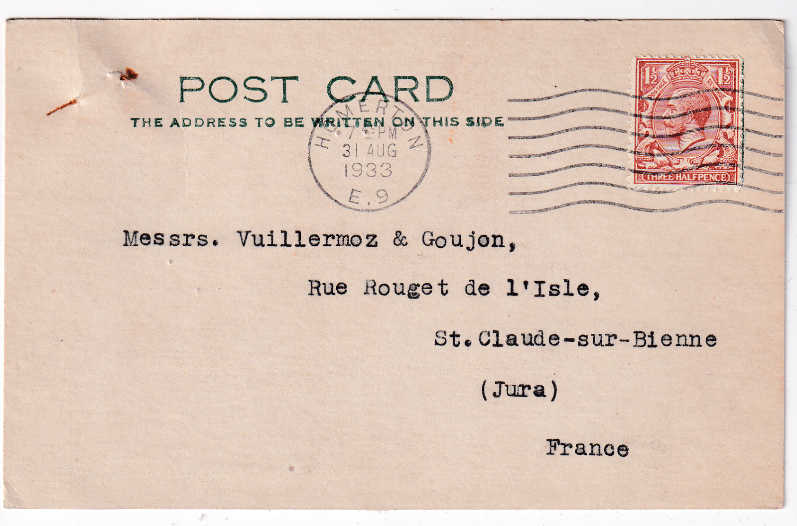 CARTE LETTRE PUBLICITAIRE GRANDE BRETAGNE POUR ST CLAUDE 1933 125112985732