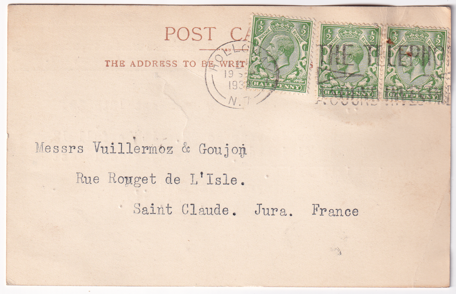 CARTE LETTRE PUBLICITAIRE GRANDE BRETAGNE POUR ST CLAUDE 1933 125112985752