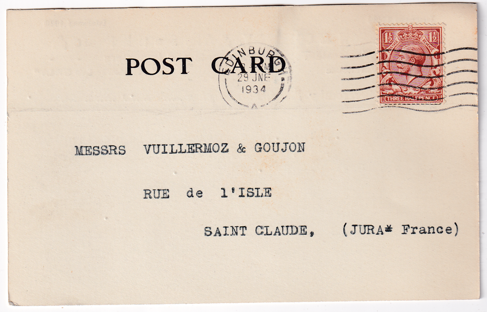 CARTE LETTRE PUBLICITAIRE GRANDE BRETAGNE POUR ST CLAUDE 1934 403424555292