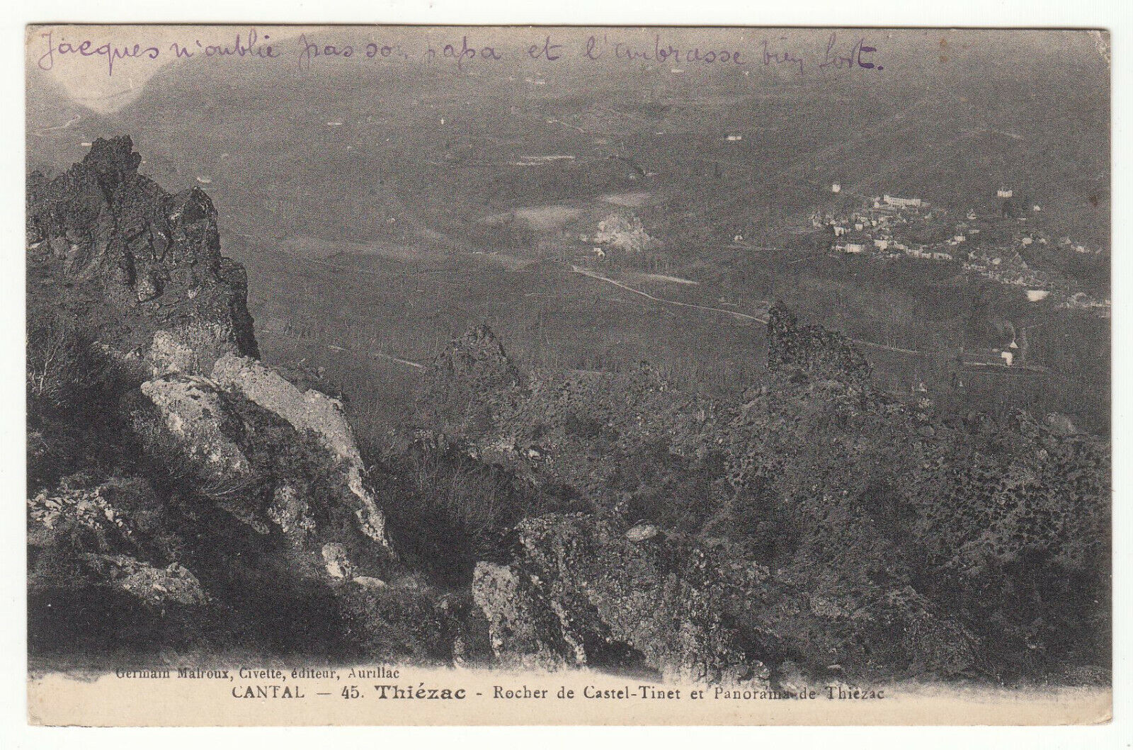 CARTE POSTALE CANTAL THIEZAC ROCHER DE CASTEL TINET PANORAMA DE THIEZAC 123911274622