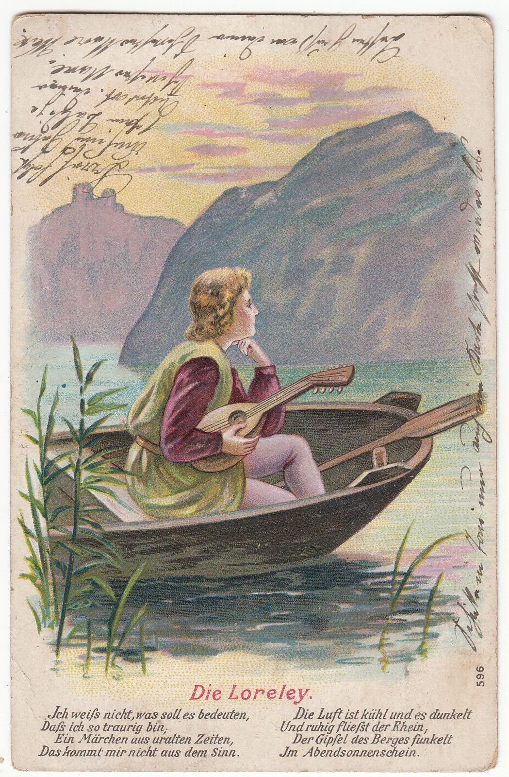 CARTE POSTALE FANTAISIE ALLEMAGNE DIE LORELEY JOUEUR GUITARE SUR UNE BARQUE 401196467612