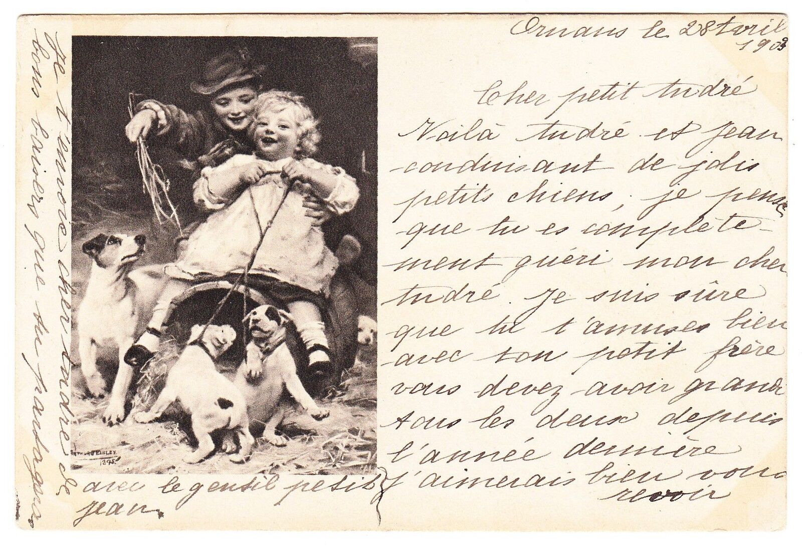 CARTE POSTALE FANTAISIE ENFANTS CHIEN ATTELAGE JOUE 1903 122154640502