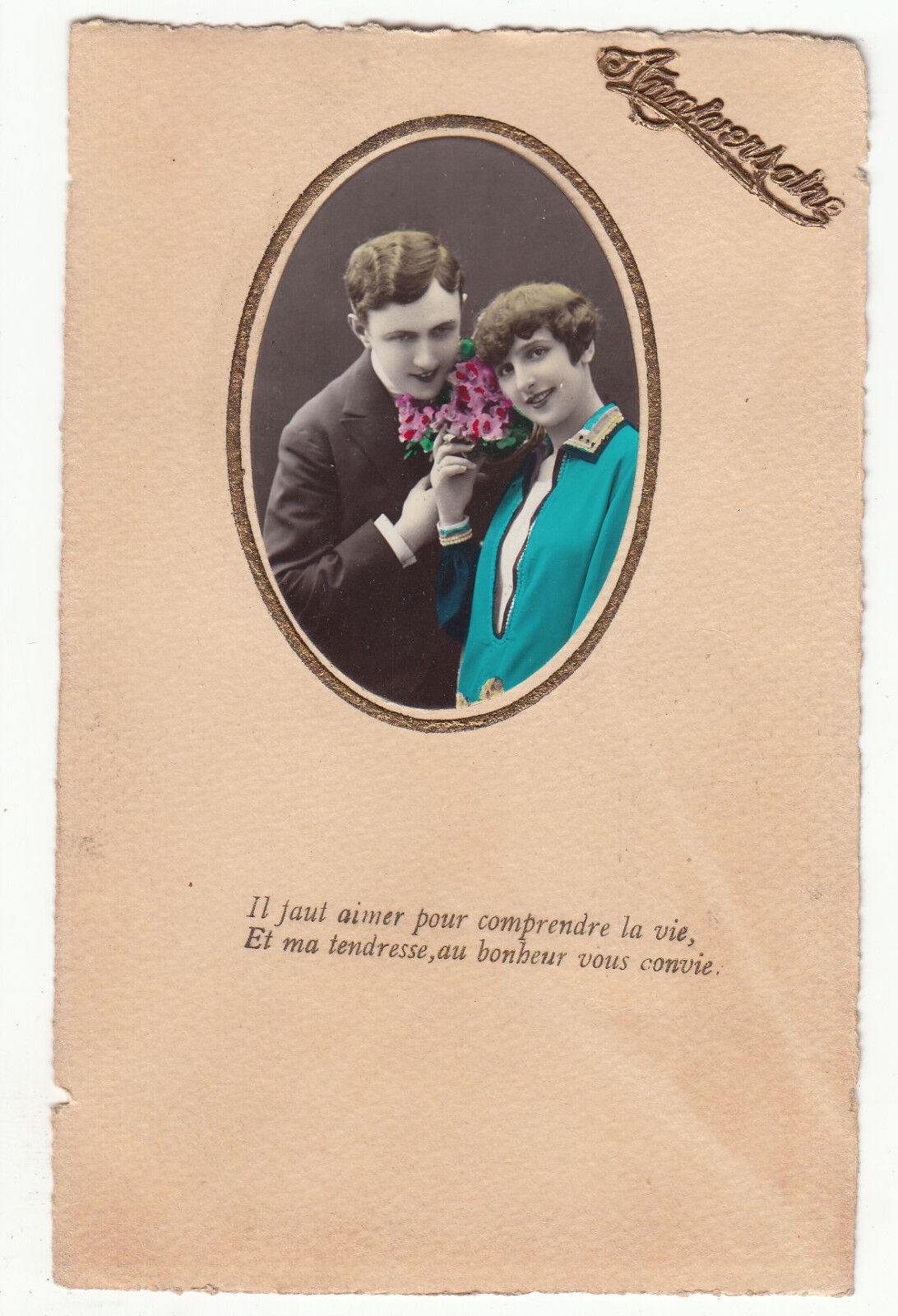 CARTE POSTALE FANTAISIE JEUNE COUPLE BOUQUET DE FLEURS 122665403702