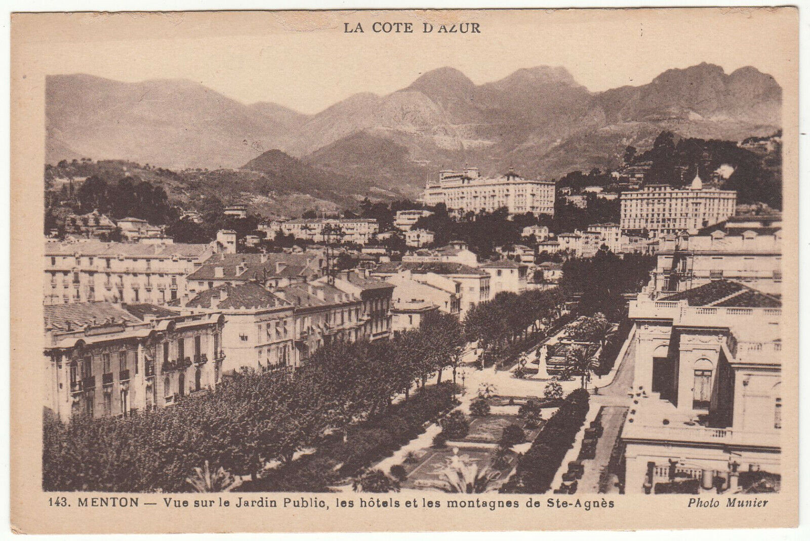 CARTE POSTALE MENTON VUE SUR LES JARDINS PUBLIC HOTELS ET MONTAGNES SAINTE AGNES 401953623372