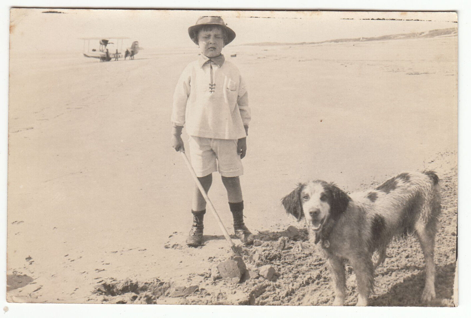 CARTE POSTALE PHOTO JEUNE ENFANT CHIEN SUR LA PLAGE AVIATION 401387254952