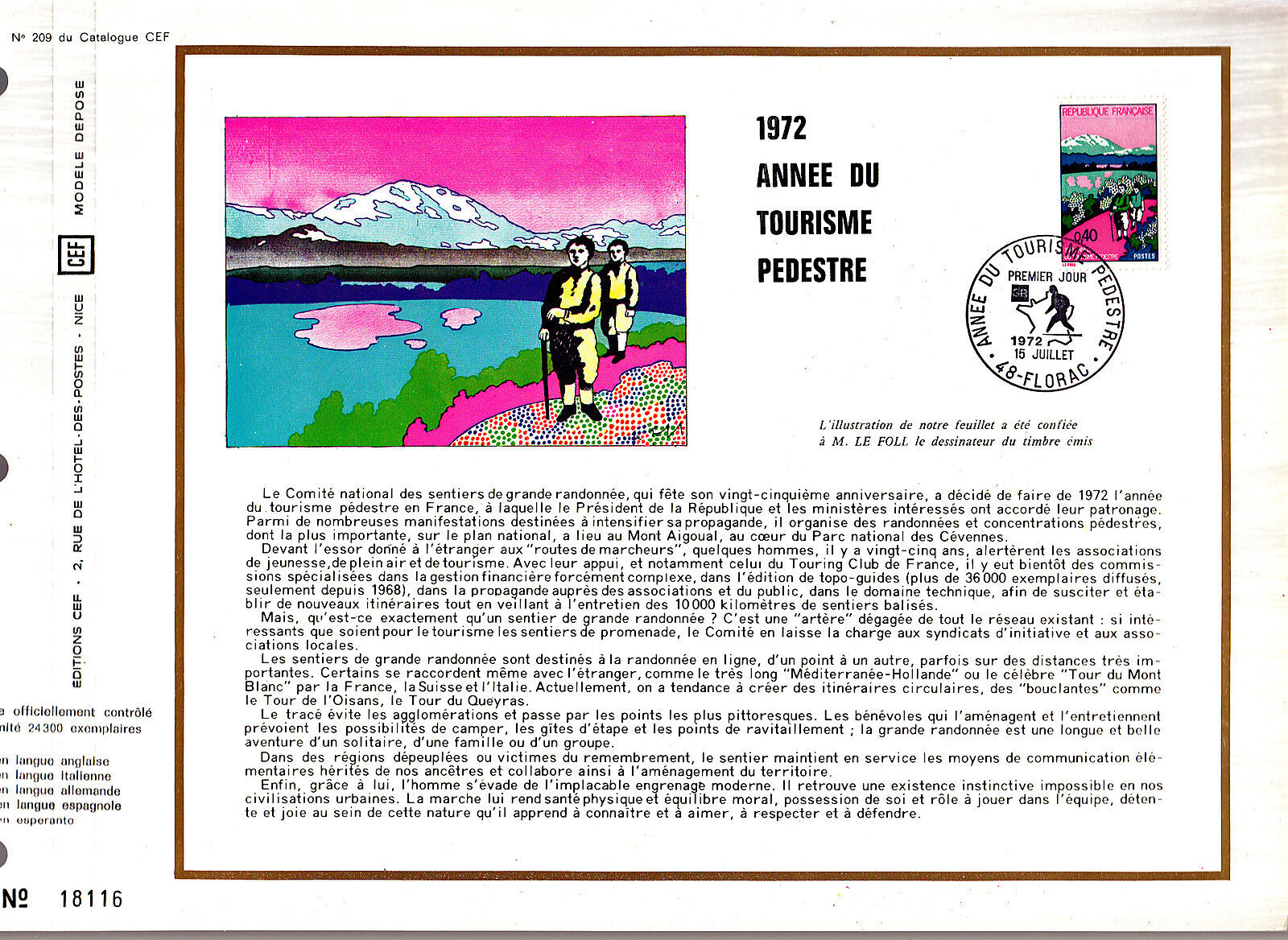 DOCUMENT CEF PREMIER JOUR 1972 ANNEE DU TOURISME PEDESTRE 400421662152