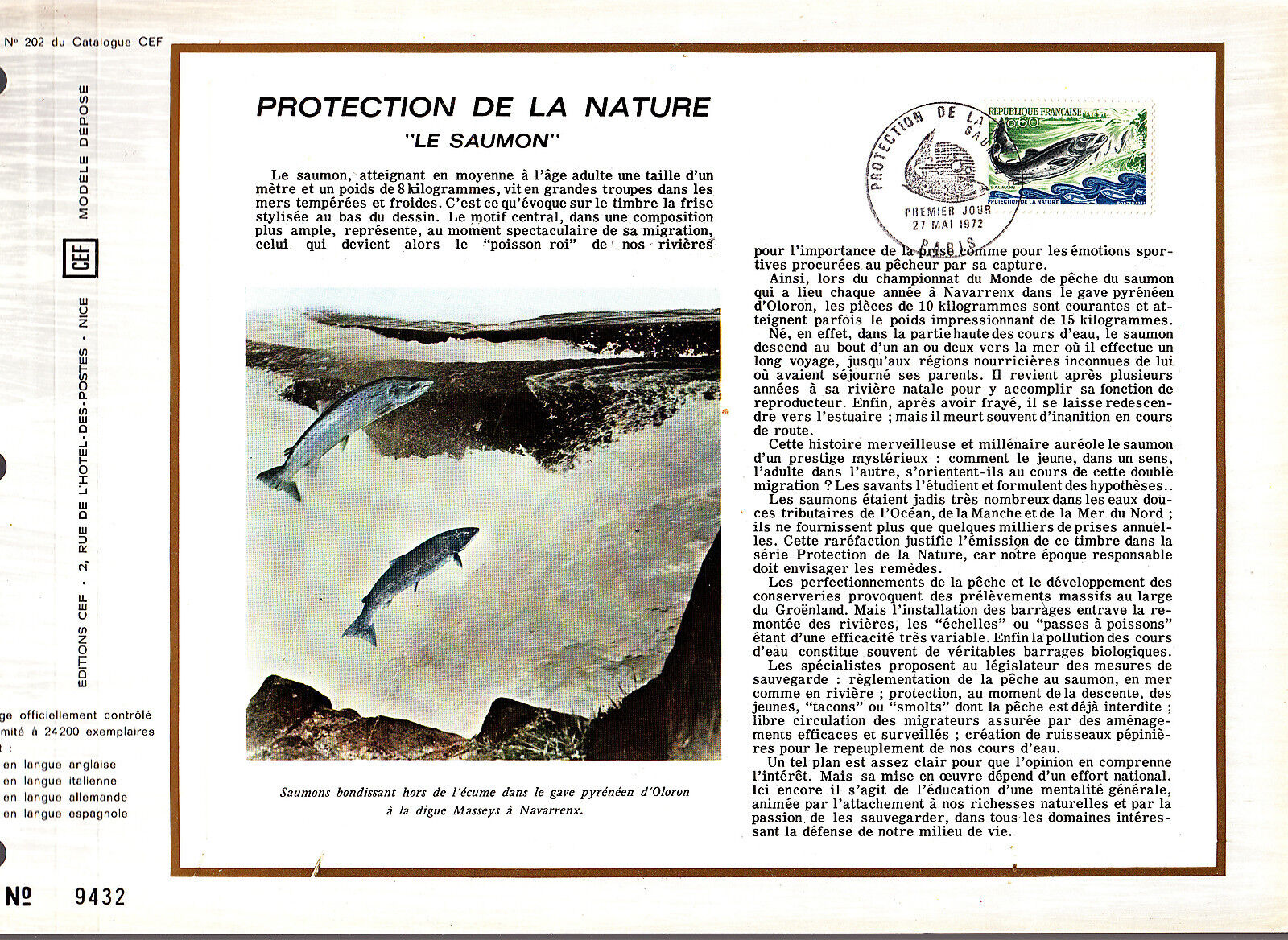 DOCUMENT CEF PREMIER JOUR 1972 PROTECTION DE LA NATURE LE SAUMON 400421668442