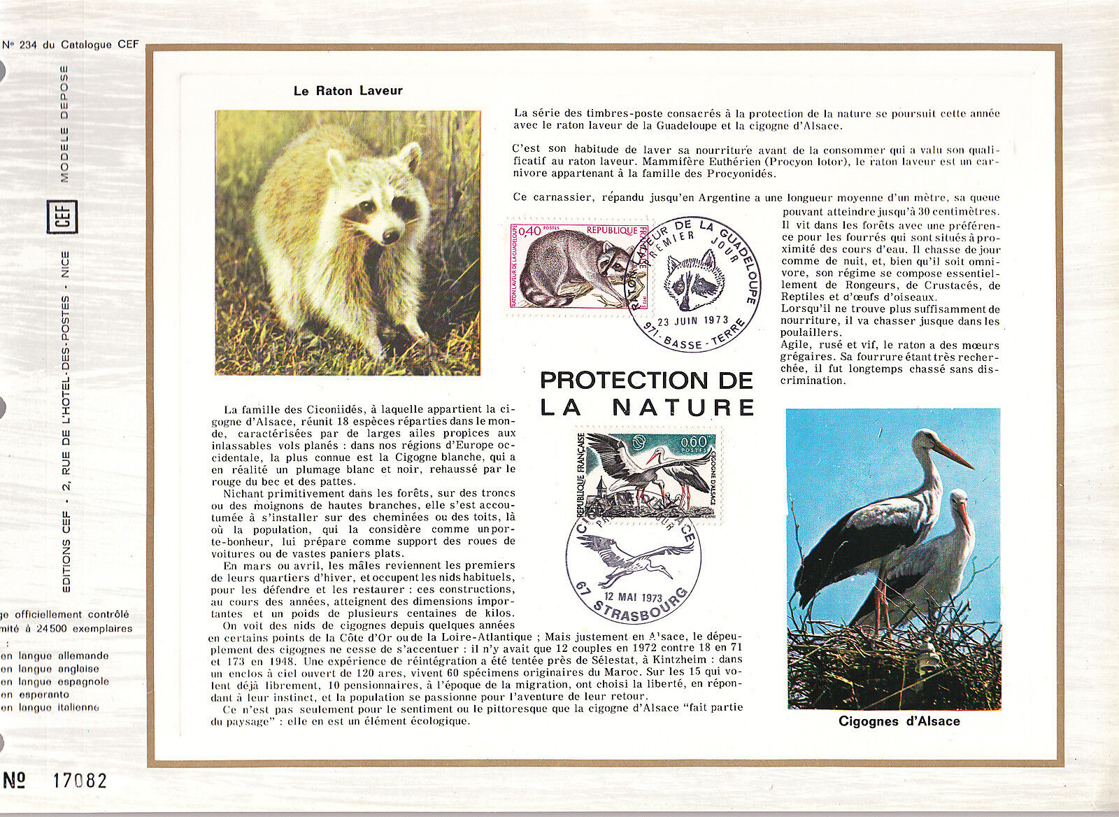 DOCUMENT CEF PREMIER JOUR 1973 PROTECTION DE LA NATURE CIGOGNE RATON LAVEUR 400421685072