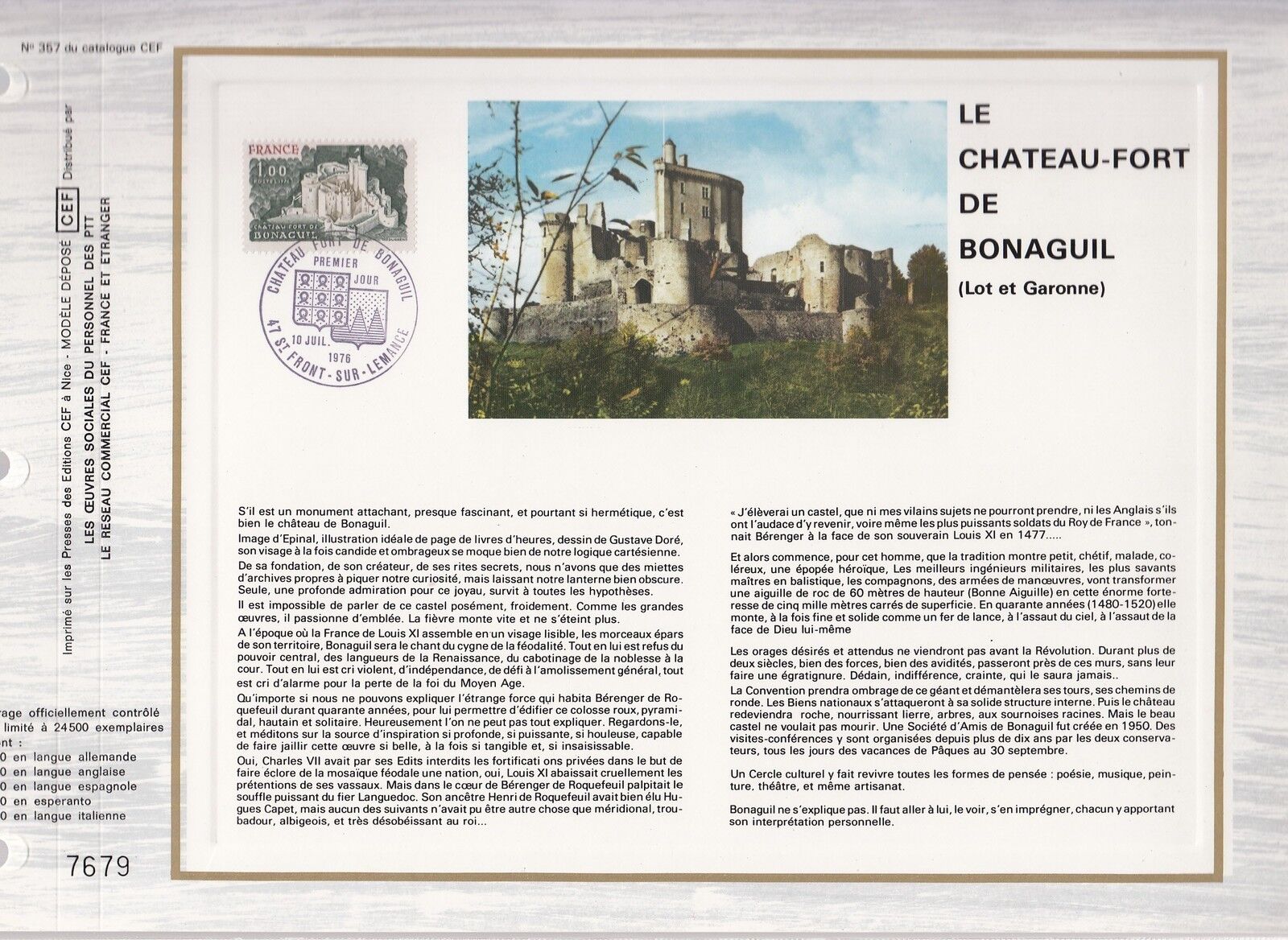 DOCUMENT CEF PREMIER JOUR 1976 LE CHATEAU FORT DE BONAGUIL 401548460792