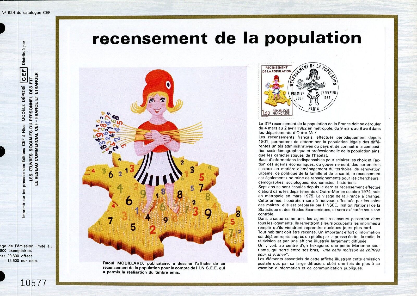 DOCUMENT CEF PREMIER JOUR 1982 TIMBRE N 2202 RECENSEMENT DE LA POPULATION 123176596202