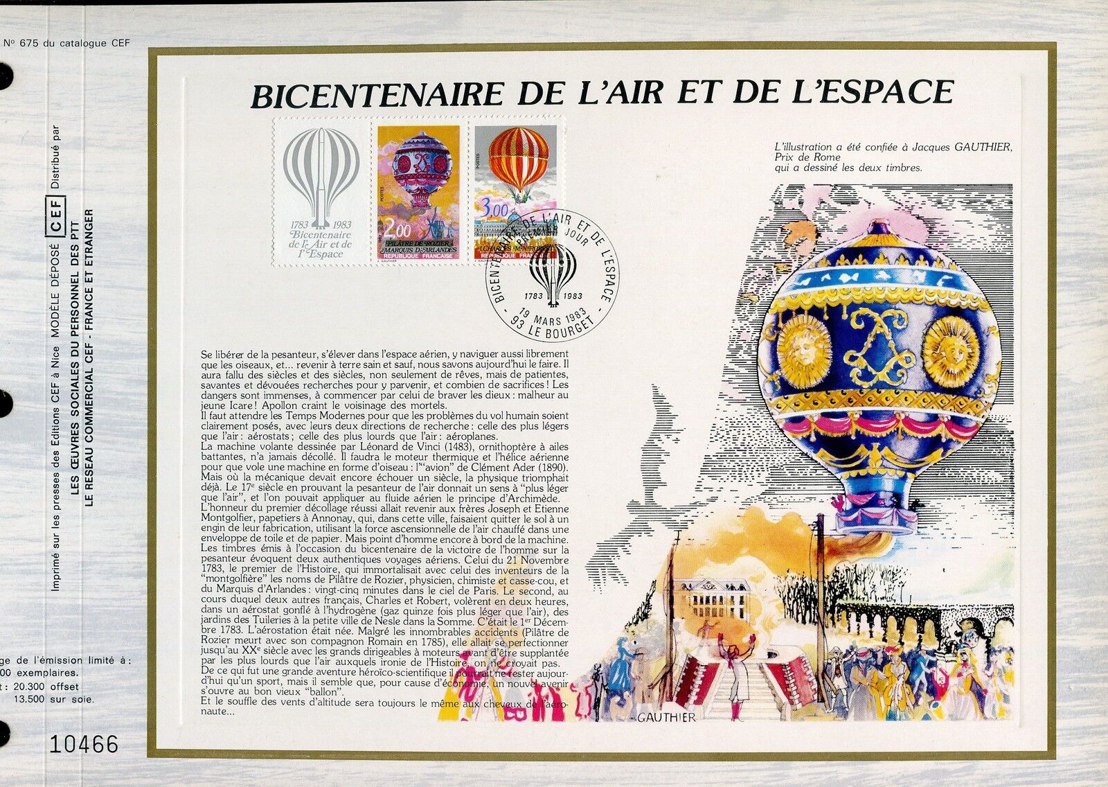 DOCUMENT CEF PREMIER JOUR 1983 TIMBRE N 2262 A BICENTENAIRE DE L AIR ESPACE 123176596242