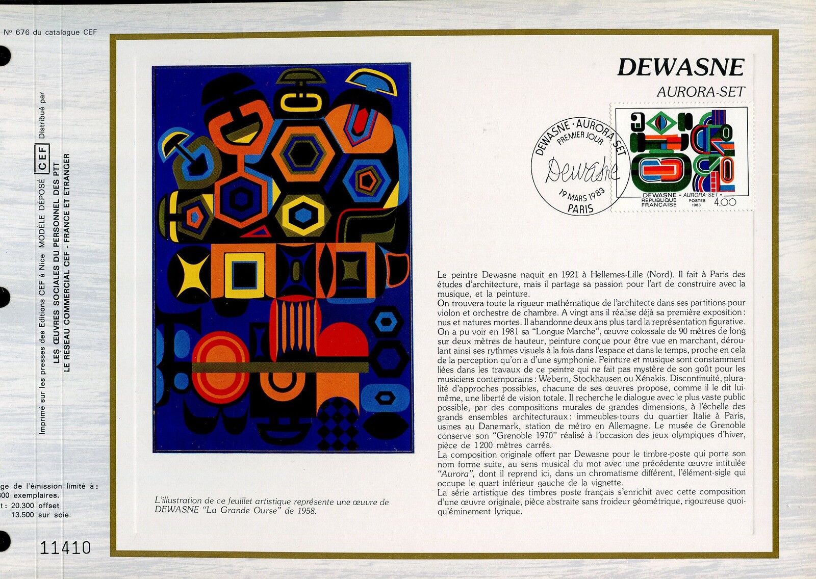 DOCUMENT CEF PREMIER JOUR 1983 TIMBRE N 2263 DEWASNE AURORA SET 123176596252