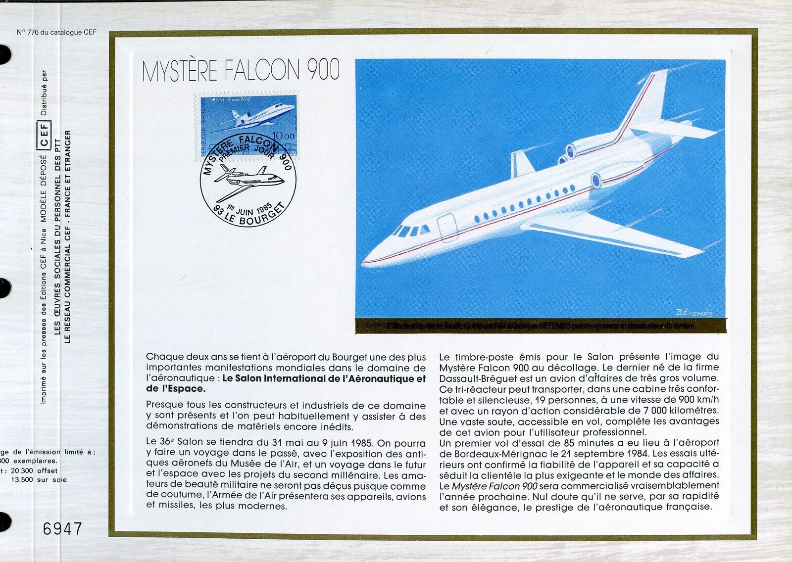 DOCUMENT CEF PREMIER JOUR 1985 TIMBRE N 2372 MYSTERE FALCON 900 AVION 121470267582