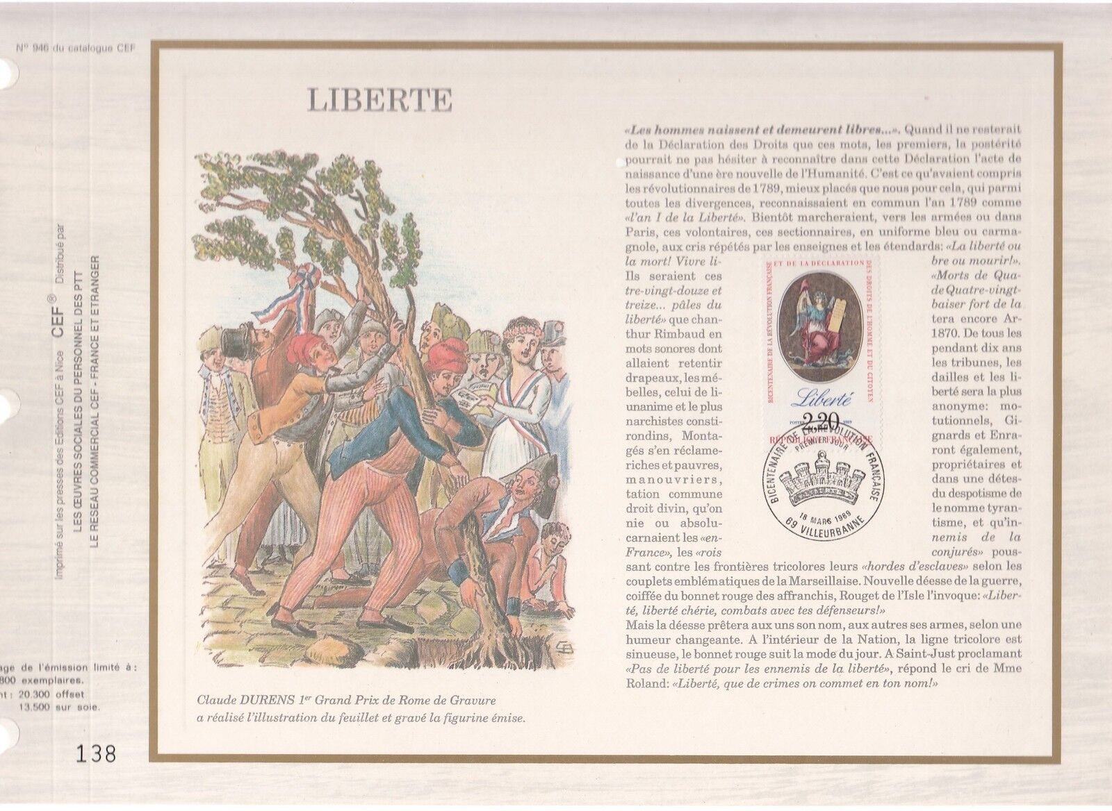 DOCUMENT CEF PREMIER JOUR 1989 LIBERTE BICENTENAIRE DE LA REVOLUTION 400346112582