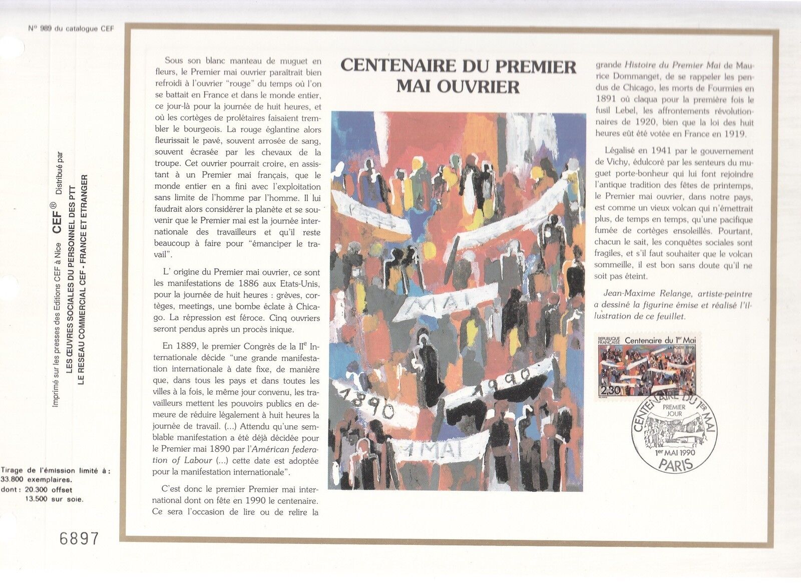 DOCUMENT CEF PREMIER JOUR 1990 CENTENAIRE DU PREMIER MAI OUVRIER 400346112862