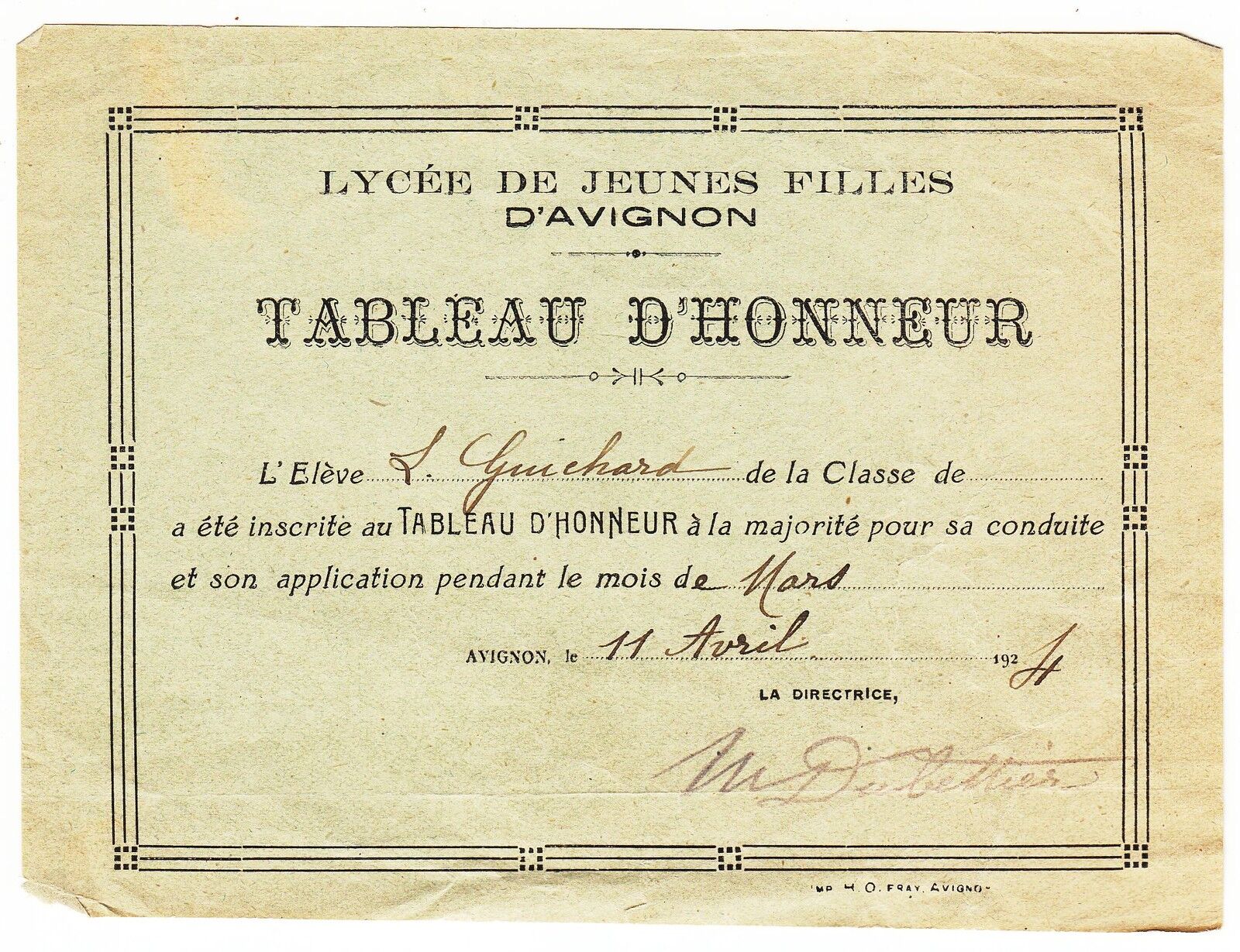 DOCUMENT TABLEAU D HONNEUR LYCEE DE JEUNES FILLES D AVIGNON 1924 400960485222