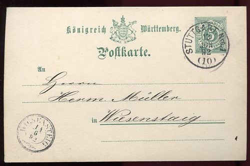 ENTIER POSTALE WURTTEMBERG ULM STUTTGART 1892 120685006232