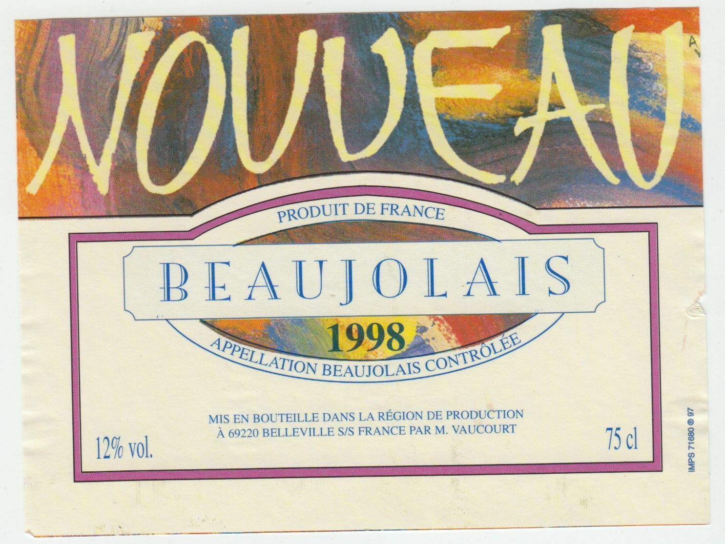 ETIQUETTE DE VIN BEAUJOLAIS NOUVEAU 1998 124576538622