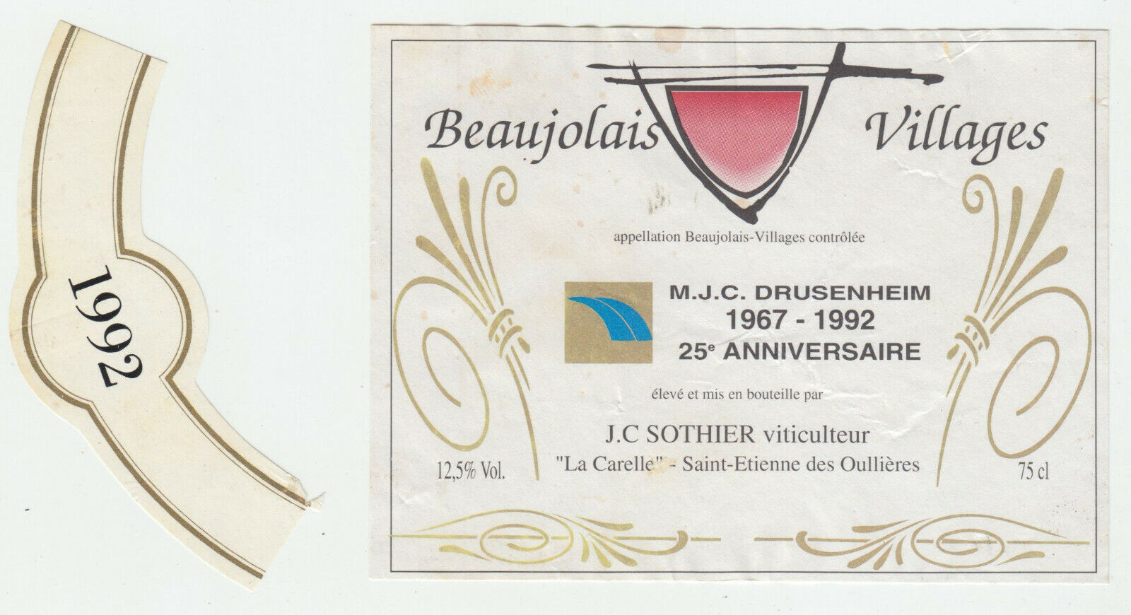 ETIQUETTE DE VIN BEAUJOLAIS VILLAGES 1992 MJC DRUSENHEIM 124576538612