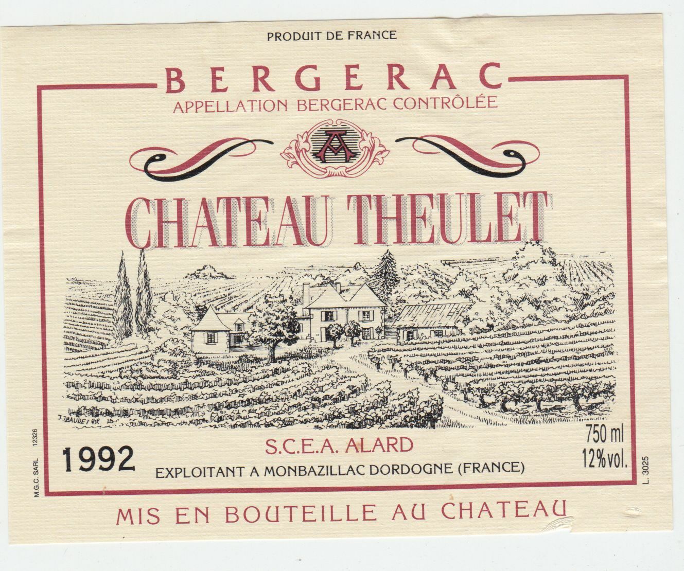 ETIQUETTE DE VIN BERGERAC  CHATEAU THEULET 1992
